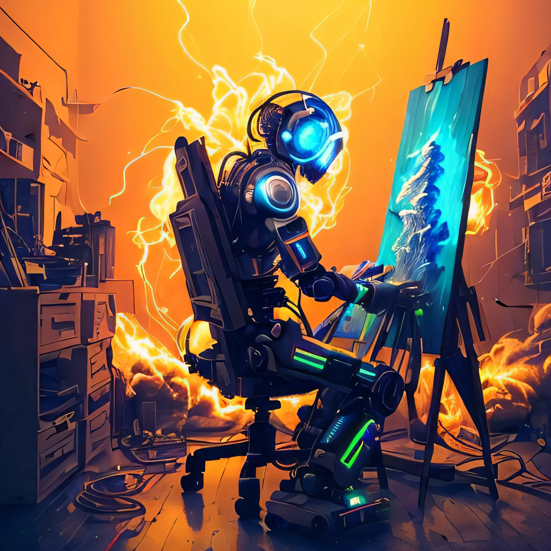 (masterpiece, best quality, highres, absurdres, detailed:1.2), humanoid, robot, wearing headphones, looking away, (cyberpunk, art canvas, paint brush, easel, iridescent, holographic: 1.6), (cables, wires, flames, fire, smoke, overheat, explosion, indoors, room, simple background)