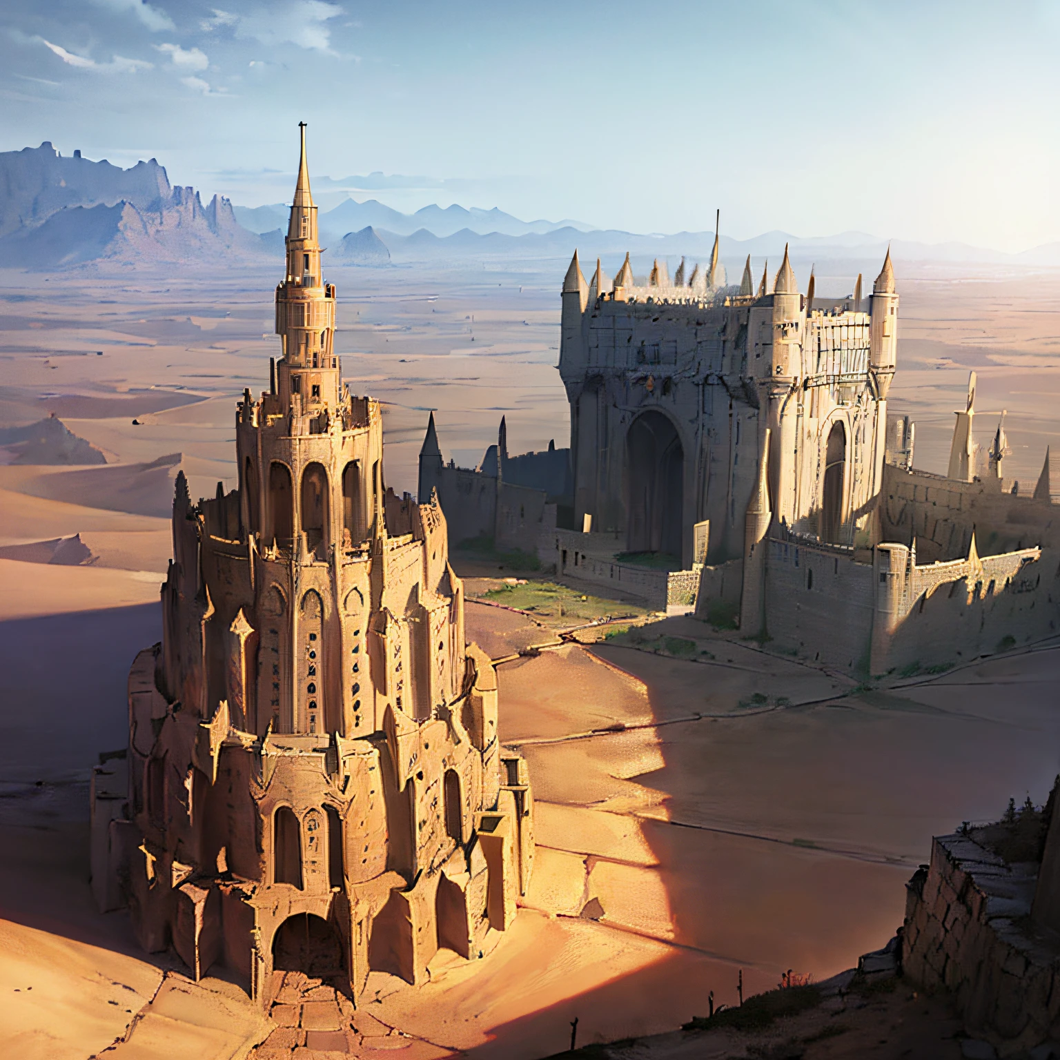 masterpiece, illustration, ((massive giant military babel fortress made of carving stone standing on desert land far away)), (babel tower), pale blue sky, sunlight, fog, shadow, dark grass with stone, uninhabitable, barren land, nature, (mountains), unsaturated, (young girl wearing dark blue coat walking towards the castle standing far away), medium length red hair, soviet union