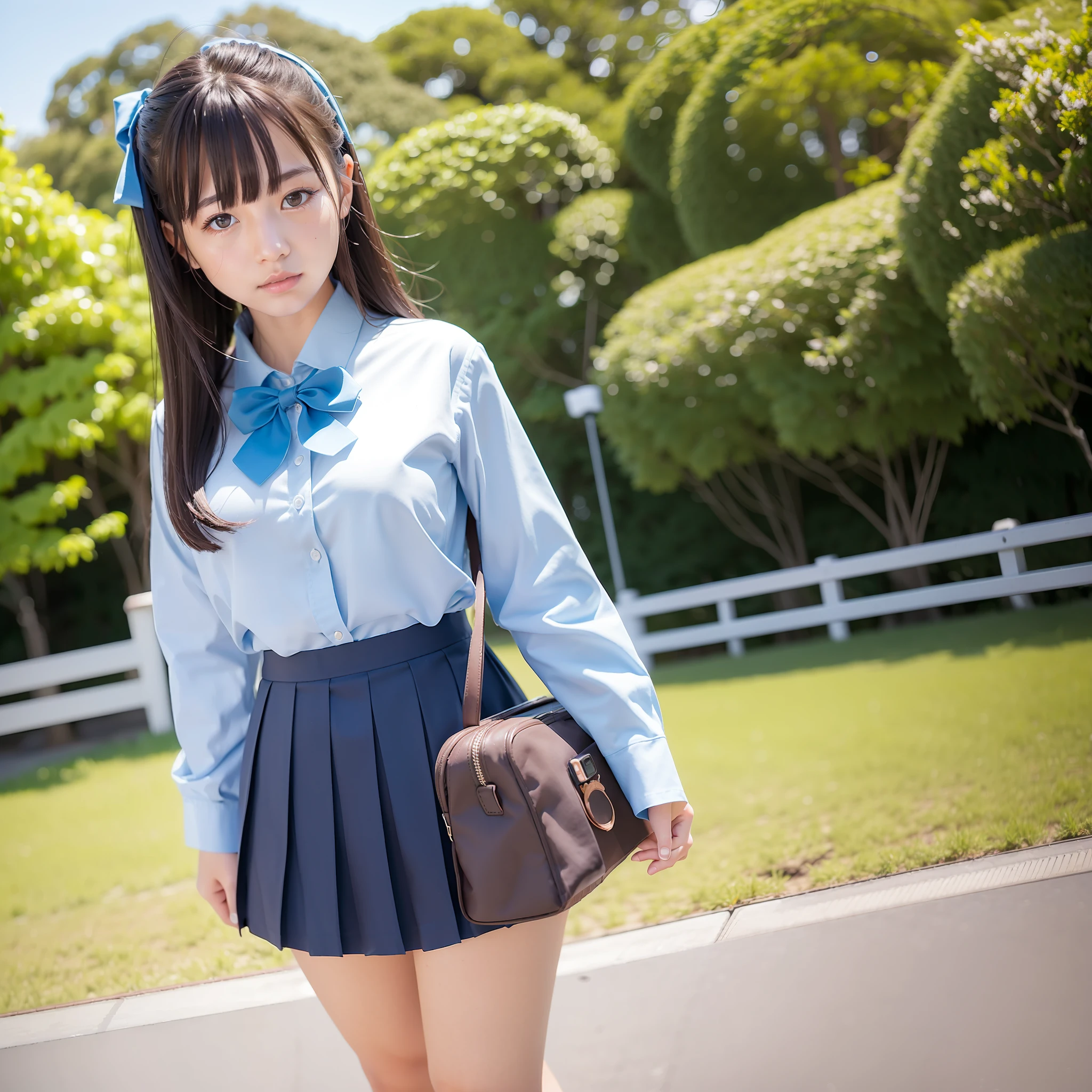 (in 8K、Raw photography、top-quality、​masterpiece:1.2)、ultra-detailliert、Live-action girls、blurry backround、8K、blurry backround、Girl posing in midsummer park、Realistic Japan schoolgirl wearing realistic Japan schoolgirl uniform、Beautiful black hair、Wearing a white blouse、Wear a blue bow tie around your neck、Wearing a realistic uniform pleated skirt with light brown check based on sky blue、Raw photos from the catalog、Live-action Japan schoolgirl model、