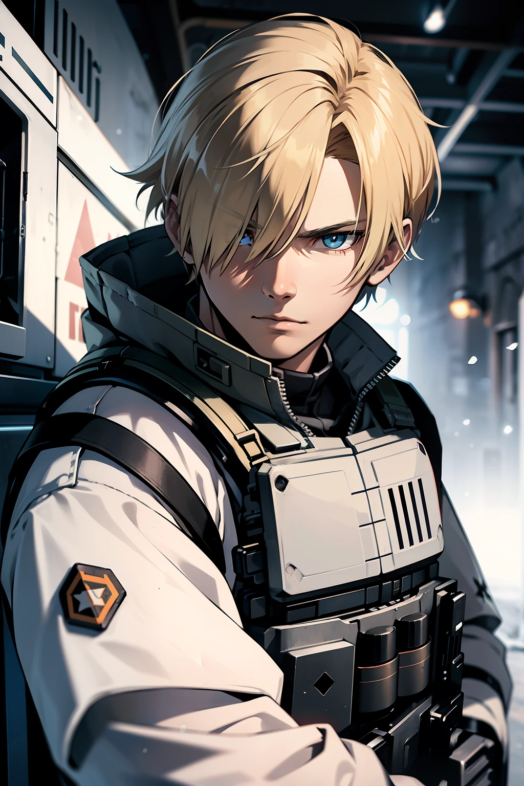 young man, face of Leon Kennedy, blond hair, black letter bulletproof vest, white army combat shirt, holding a submachine gun, in antartica, snow, shooting, crossfire