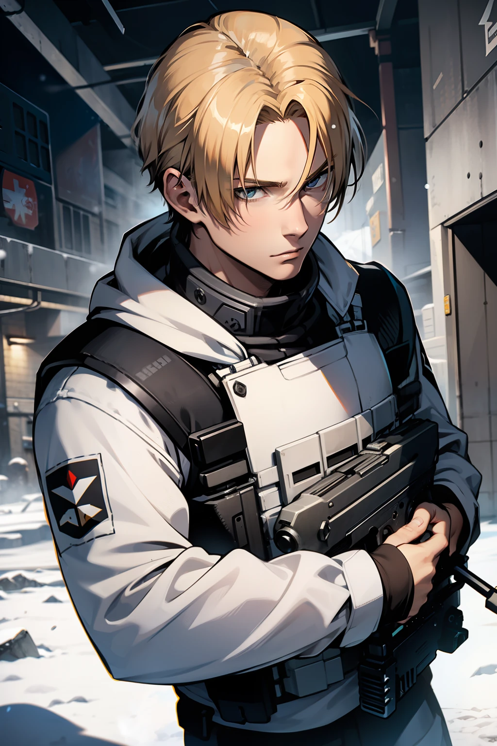 young man, face of Leon Kennedy, blond hair, black letter bulletproof vest, white army combat shirt, holding a submachine gun, in antartica, snow, shooting, crossfire