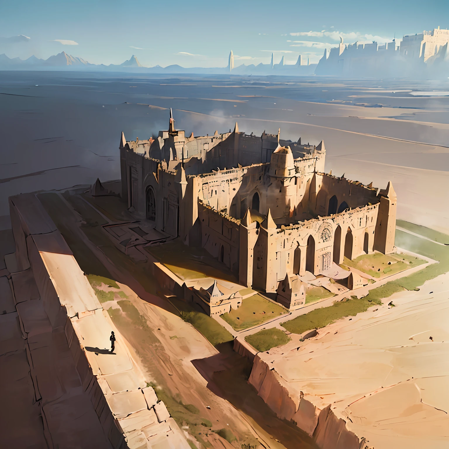 masterpiece, illustration, ((massive giant military babel fortress made of carving stone standing on desert land far away)), (babel tower), pale blue sky, sunlight, fog, shadow, dark grass with stone, uninhabitable, barren land, nature, (mountains), unsaturated, (young girl wearing dark blue coat walking towards the castle standing far away), medium length red hair, soviet union
