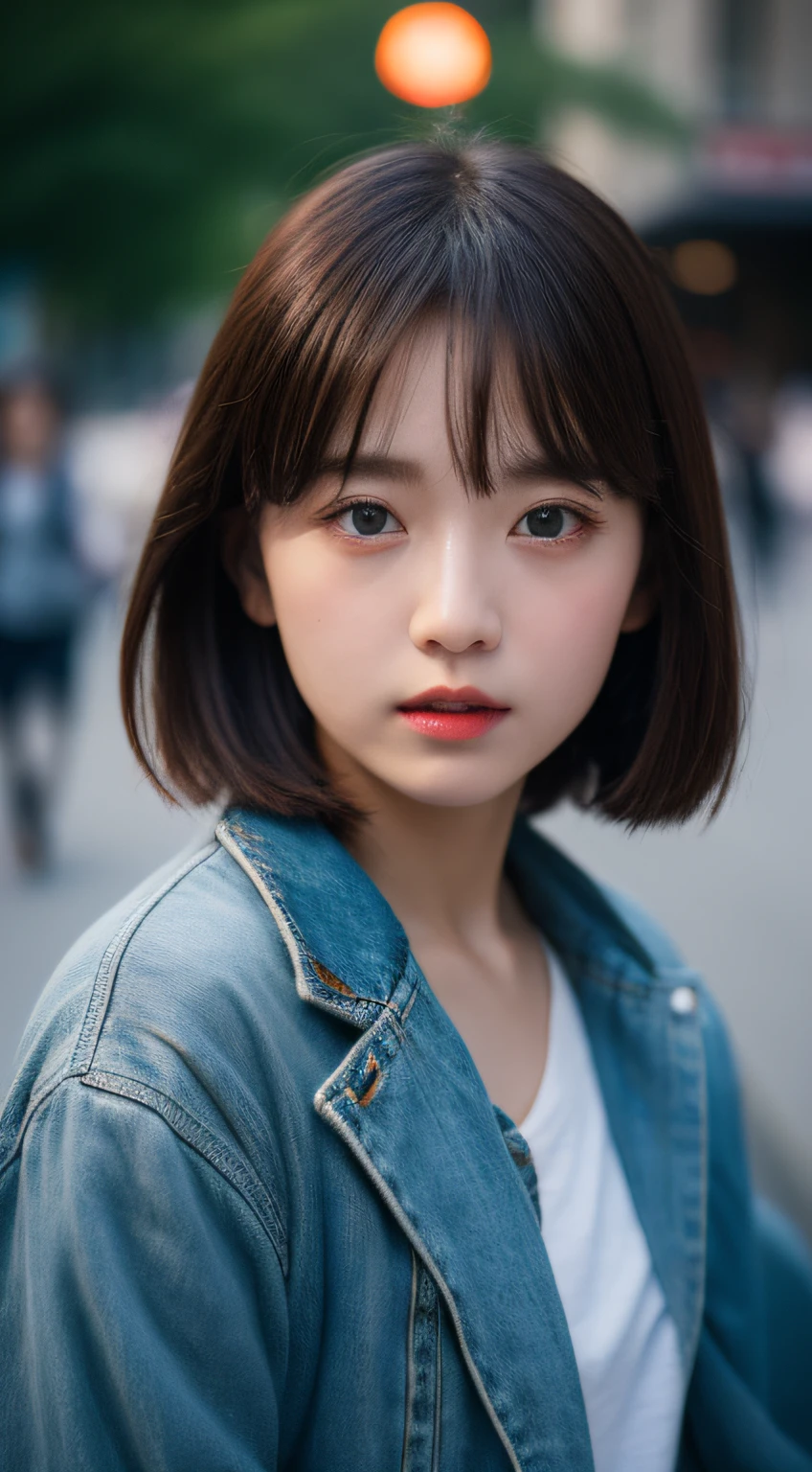 ​masterpiece, top-quality, Raw foto, Photorealsitic、full body Esbian、 beautiful a girl, cute little, shorth hair, depth of fields, hight resolution, ultra-detailliert, finely detail, ighly detailed, extremely detailed eye and face, Sharp pupils, Realistic pupils, foco nítido, Cinematic lighting、small tits、In the street、Casual wear