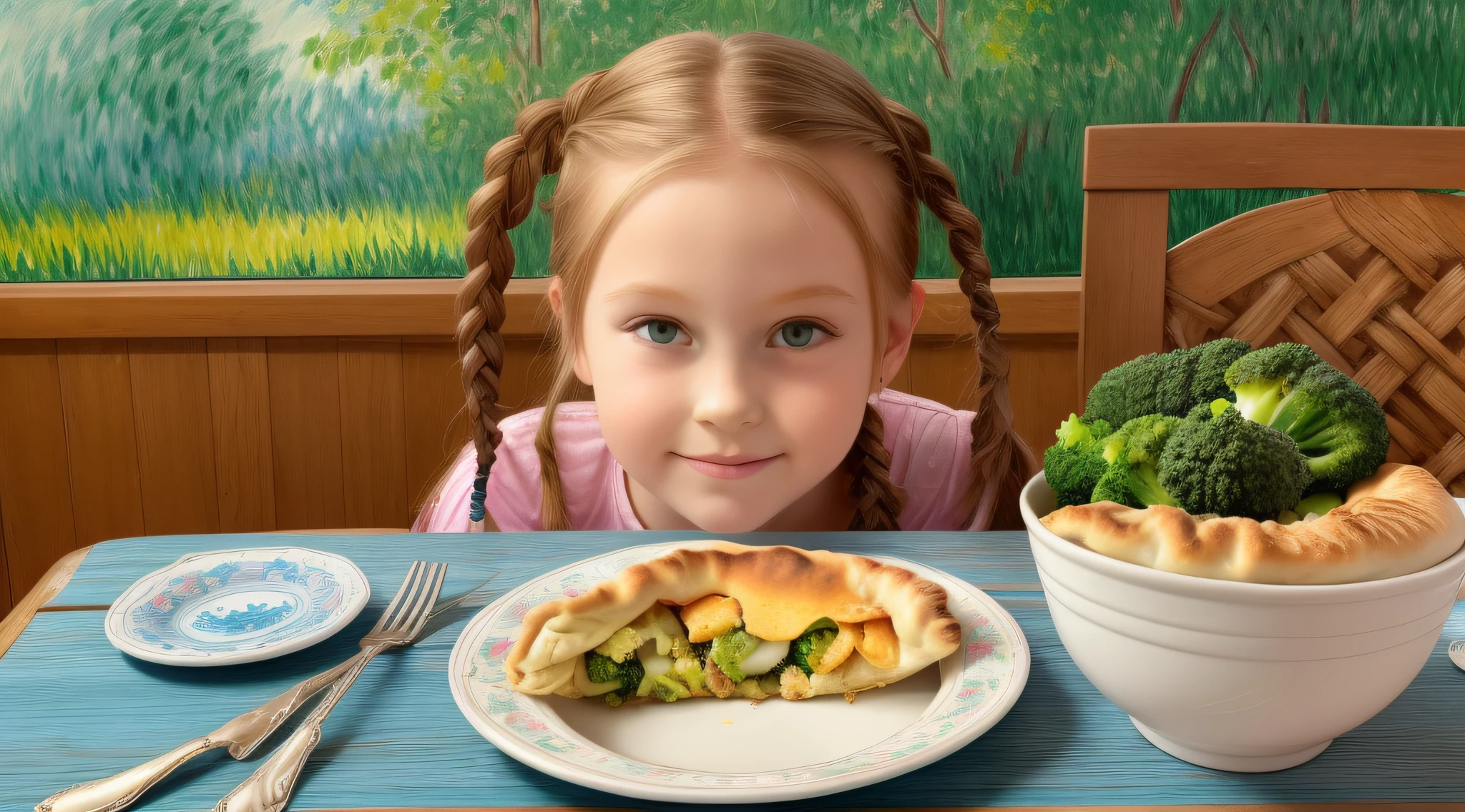 girl CHILD , Russian redheads in braids, There are four pieces of calzone on a plate with a bowl of broccoli, calzone zone, Mini, Como, Estilo Calude Monet, receita, #Micro, # Micro, misturar, alternate angle, Miami, medium tone, Hunting