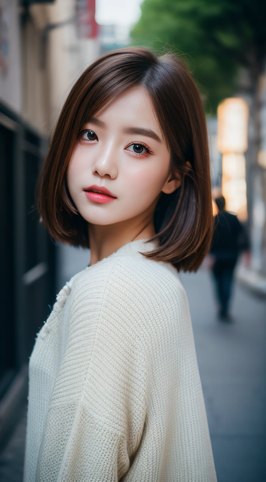 ​masterpiece, top-quality, Raw foto, Photorealsitic、full body Esbian、 beautiful a girl, cute little, shorth hair, depth of fields, hight resolution, ultra-detailliert, finely detail, ighly detailed, extremely detailed eye and face, Sharp pupils, Realistic pupils, foco nítido, Cinematic lighting、small tits、In the street、Casual wear