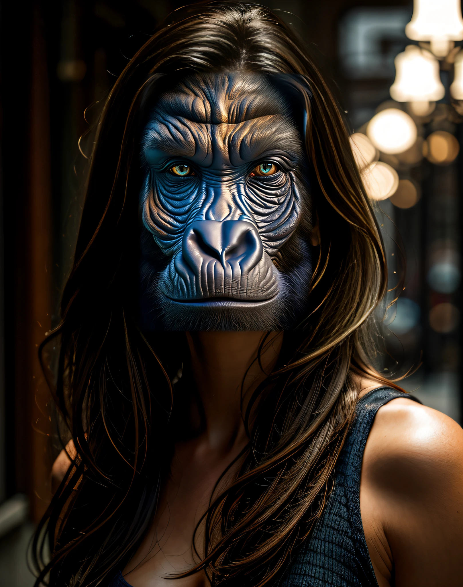 (masterpiece, best quality, beautiful art:1.4), gorilla face, perfect blue eyes, reflections, highly detailed, metallic texture, dramatic lighting, 8k