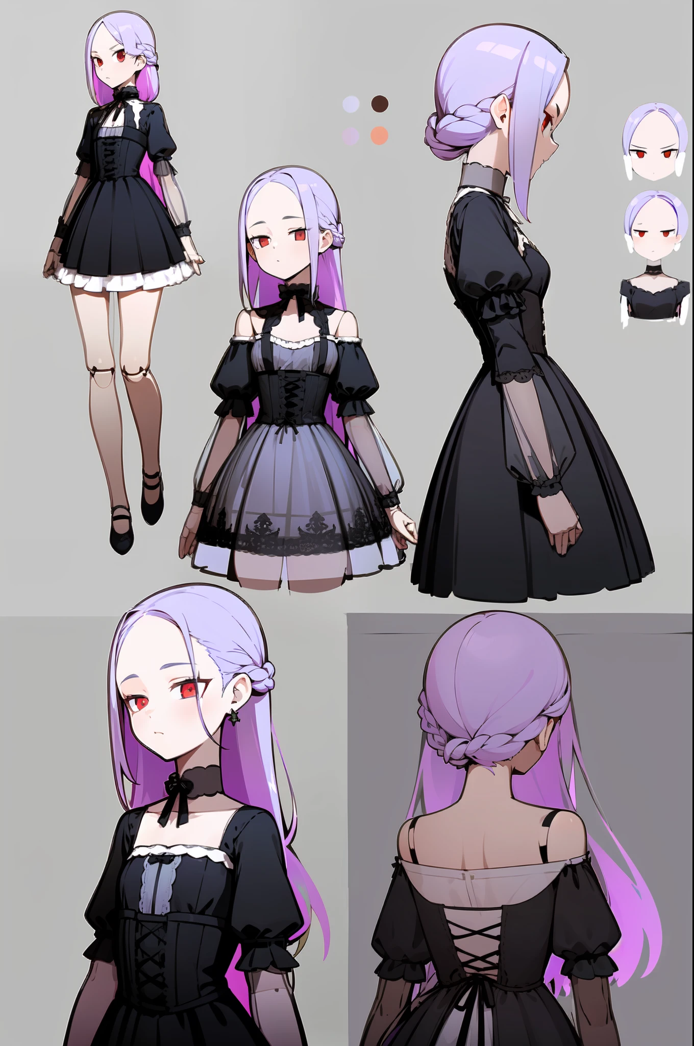 Masterpiece: 1.6, best quality: 1.4, live image: 1.2, intricate details: 1.2, ++, 1girl, solo, light purple hair, long hair, french braid, single sidelock, forehead, red eyes, multicolored eyes, small breasts, flat chest, ****, victorian dress, embellished dress, black dress, corset, neckwear, off-shoulder dress, frills, doll, doll joints, ++, ((character reference sheet, same character in different poses, character turnaround, multiple views)), (transparent background, gray background:1.2), arms behind back, upper body, portrait, cold, neutral