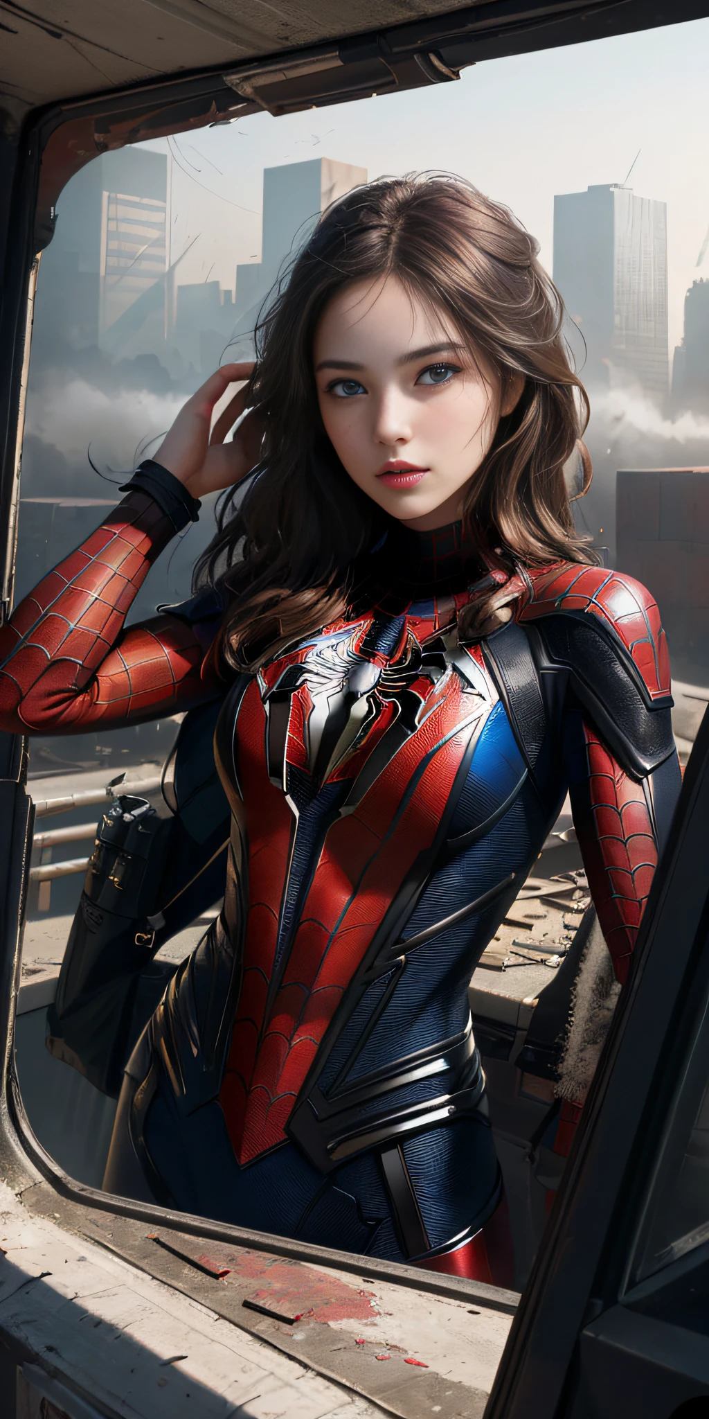 (1girl:1.3), solo, (((extremely detailed face))),(((extremely detailed eyes and face))),beautiful detailed eyes,body-parts__, official art, unified 8k wallpaper, super detailed, beautiful and aesthetic, beautiful, masterpiece, best quality, raw, masterpiece, super fine photo, best quality, super high resolution, photorealistic realism, sunlight, full body portrait, amazing beauty,, dynamic pose, delicate face, vibrant eyes, (from the front), she is wearing a Spider-man suit, red and black color scheme, spider, very detailed abandoned warehouse background, Detailed face, detailed complex busy background, messy, gorgeous, milky white, highly detailed skin, realistic skin details, visible pores, sharp focus, volumetric fog, 8k uhd, DSLR, high quality, film grain, fair skin, photo realism, lomography, huge metropolis in future dystopia, seen from below, translucent