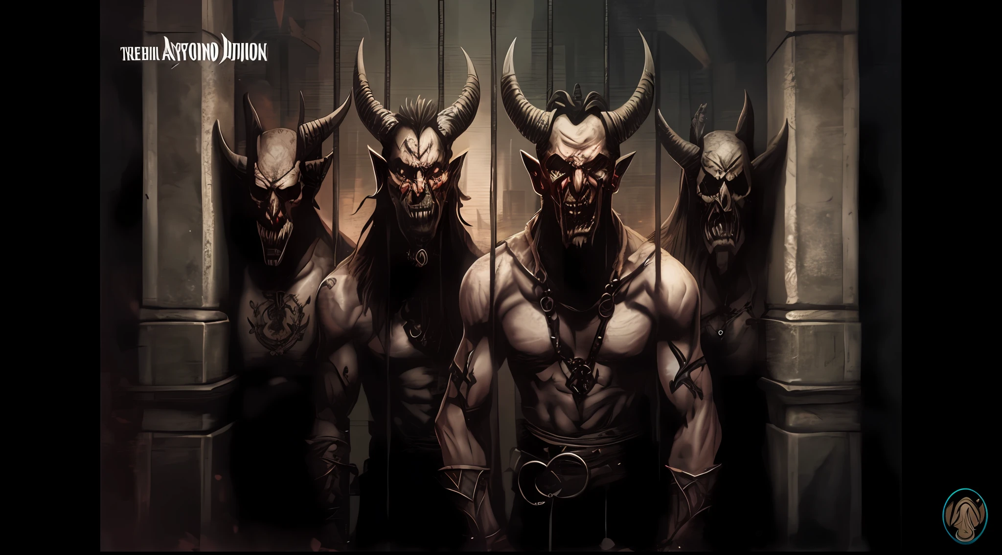 Three horned men stand in front of a gate with a chain around their necks, demons of hell, Retrato de daemons, medieval demons, just art for dark metal music, conjure demons, chifres pretos, demon horns, adorned with demon skulls, Diabo 4, Porta para o inferno, more faces, com chifres, chifres vermelhos, estilo gerald brom, metal album cover art