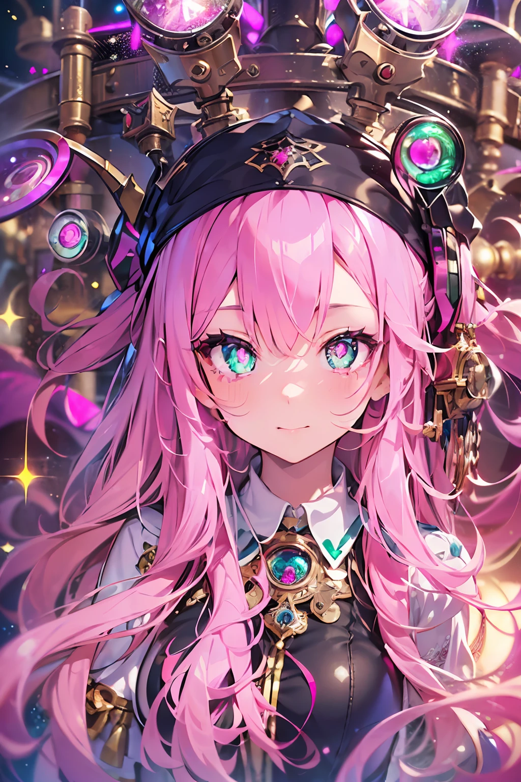 full bodyesbian:2、Steampunk style:2.、Steam engines、hour glass、gear wheel((masutepiece))),((ultra-detailliert,Best Quality, hight resolution, Beautiful clothes,)),fullllbody,Fulll body Shot (1 girl)((Pink hair, Long hair,Straight hair,two side up)) (Green eyes),eyeshadows, eye line,gloweyes, ultradetailed eyes, intricate eyes, Beautiful eyes, ((Glowing pink pupils))18-year-old girl、frilld.Smile .Retro background((High contrast RGB effect, LED effect, Kaleidoscope effect, Shining Effect, Ripple Effect, Glitter RGB effect))