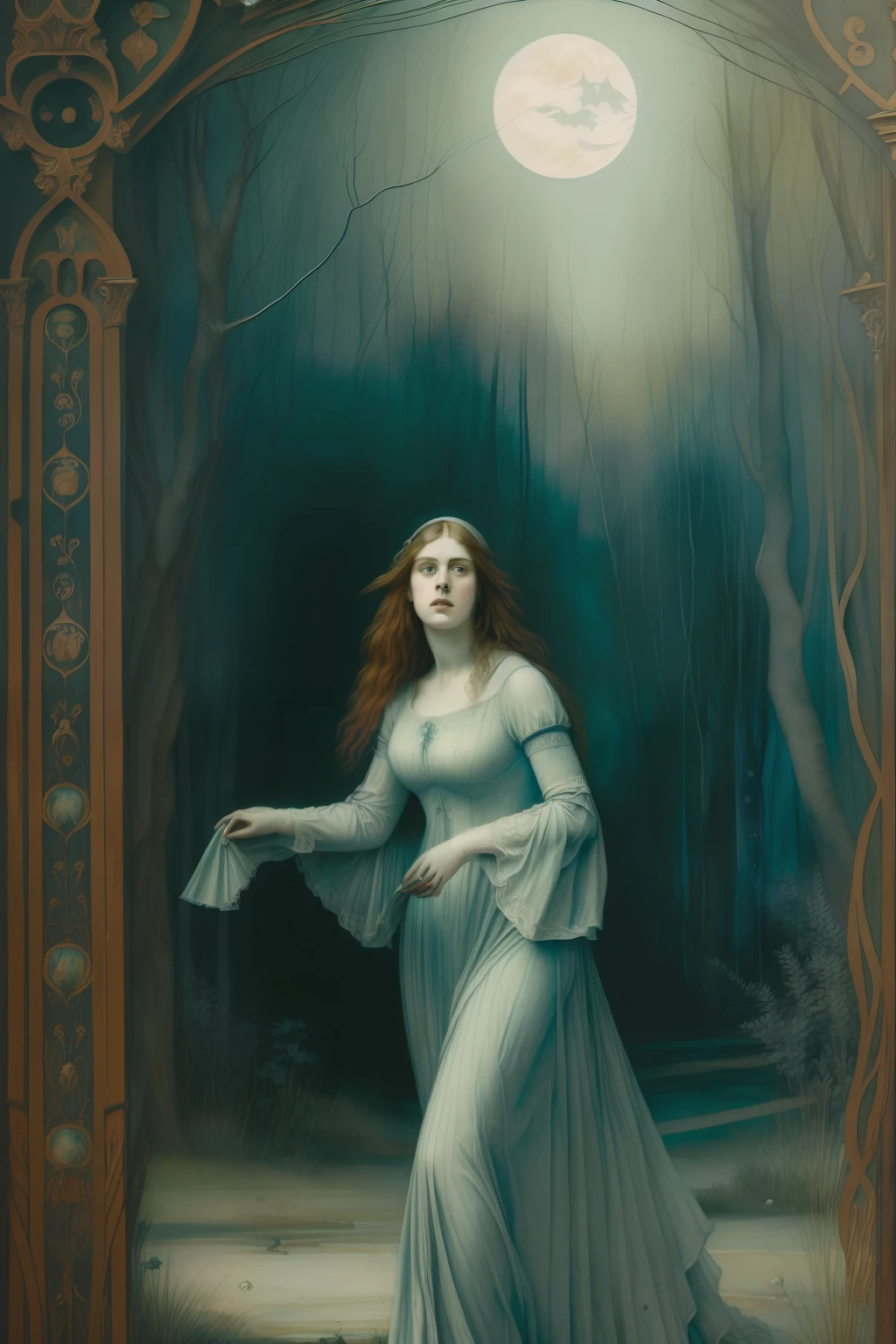 (((Pre-Raphaelite painting of a ghostly woman flees in horror, paisagem celta, espinheiro-branco, na noite de lua)))