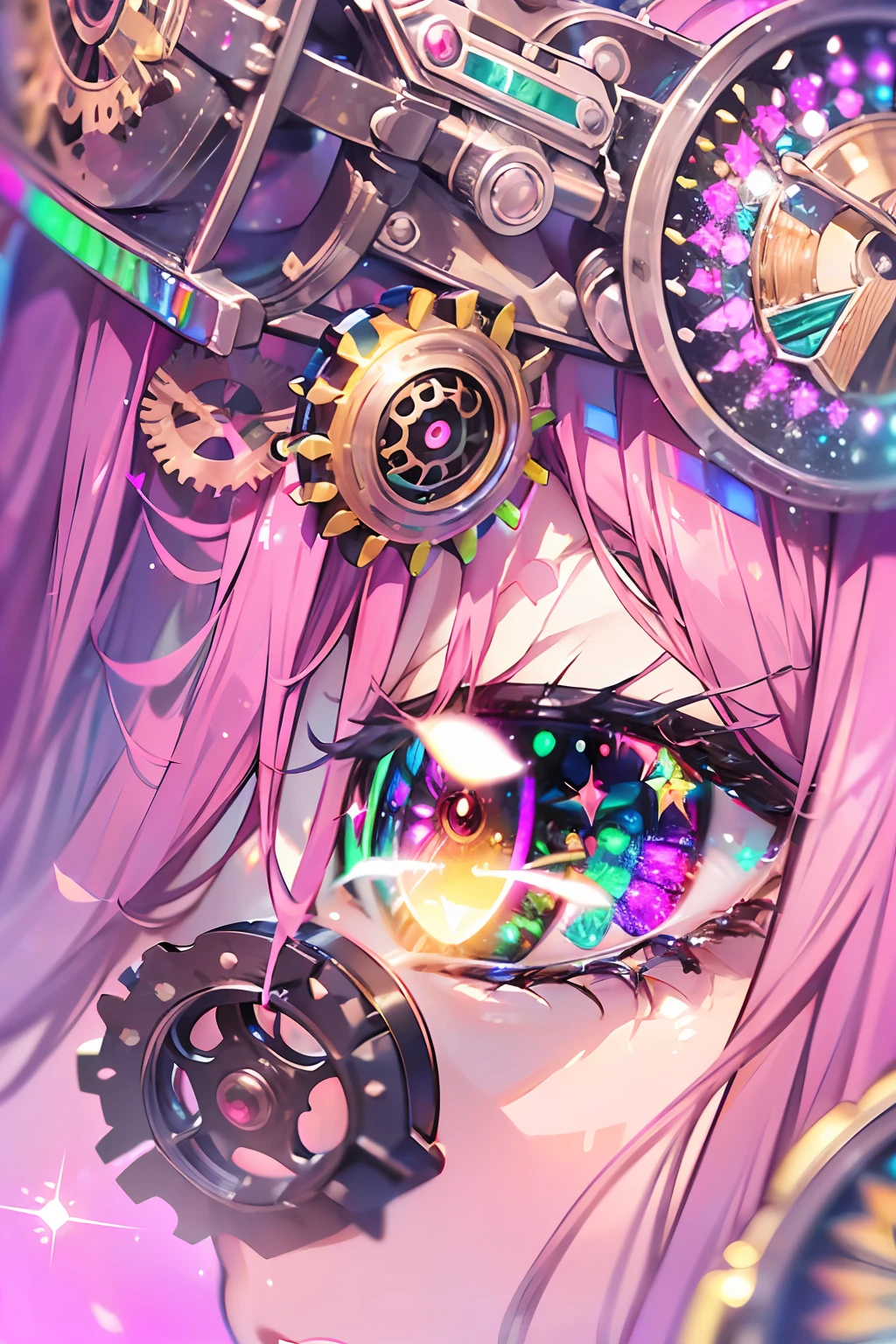 Inventor:2、Steampunk style:2.、Steam engines、hour glass、gear wheel((masutepiece))),((ultra-detailliert,Best Quality, hight resolution, Beautiful clothes,)),fullllbody,Fulll body Shot (1 girl)((Pink hair, Long hair,Straight hair,two side up)) (Green eyes),eyeshadows, eye line,gloweyes, ultradetailed eyes, intricate eyes, Beautiful eyes, ((Glowing pink pupils))18-year-old girl、frilld.Smile .Retro background((High contrast RGB effect, LED effect, Kaleidoscope effect, Shining Effect, Ripple Effect, Glitter RGB effect))