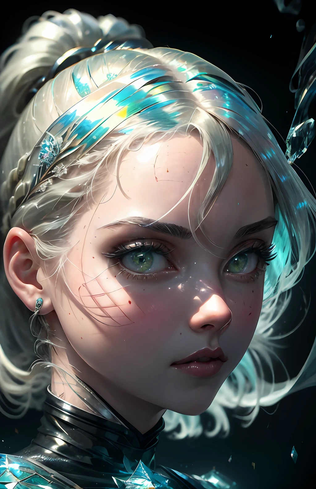 masterpiece, best quality, ultra-detailed, illustration, 1girl, cirilla, white hair, tied in ponytail,emerald green eyes, (close-up:0.5), straight on, face focus , highly detailed skin, standing, ), looking at viewer, black eyeliner, smokey eyes, (3D:0.5)