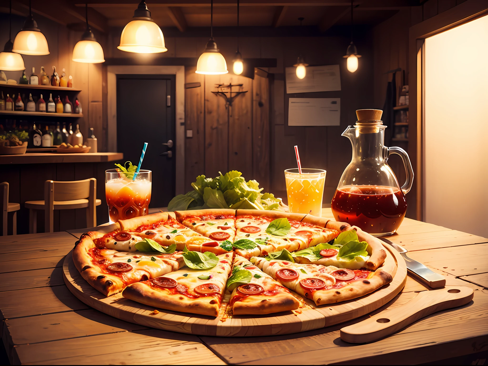 Pizza, drinks, salad and vinegar on the table --auto