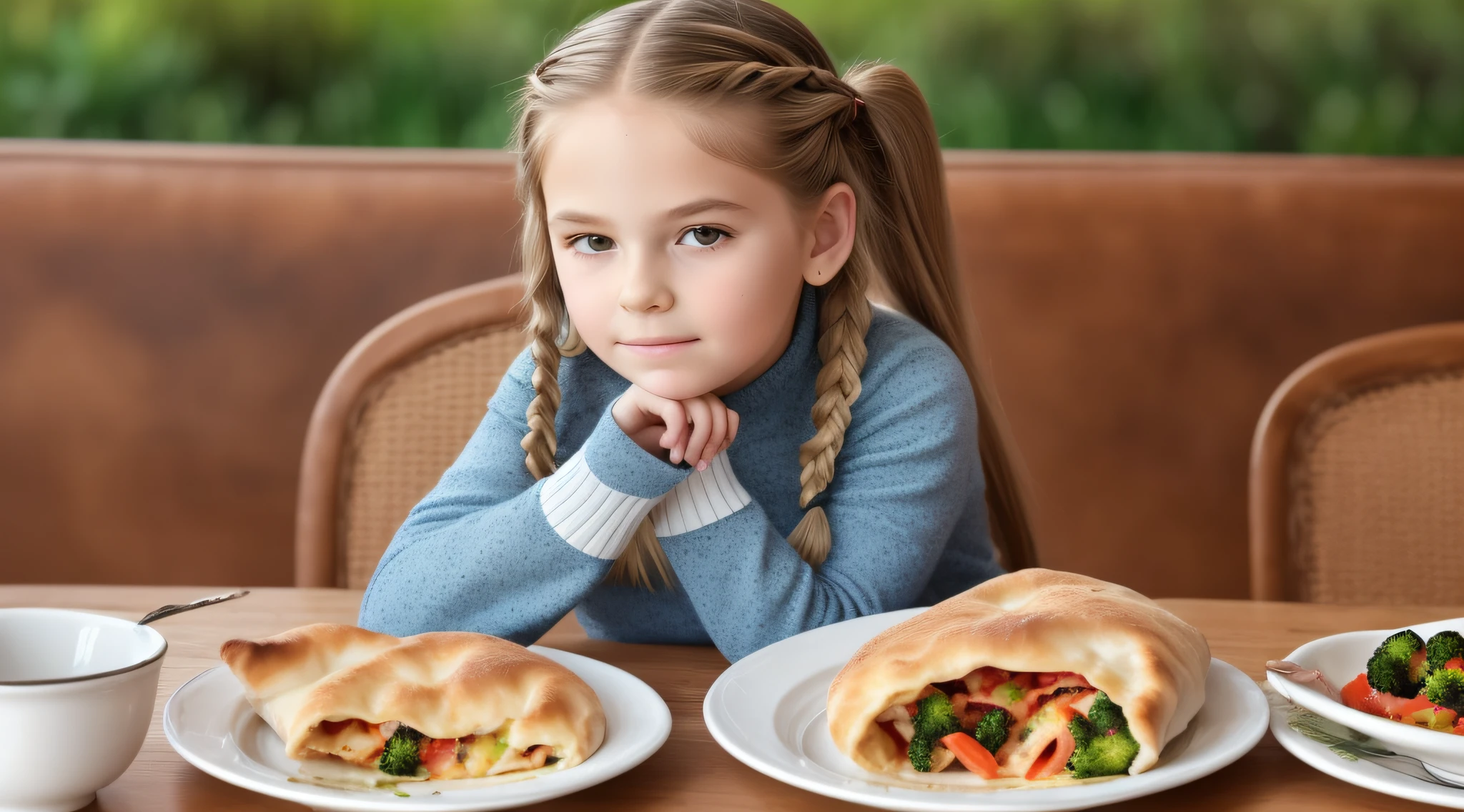 girl CHILD , Russian BLONDE in braids, There are four pieces of calzone on a plate with a bowl of broccoli, calzone zone, Mini, Como, Estilo Calude Monet, receita, #Micro, # Micro, misturar, alternate angle, Miami, medium tone, Hunting
