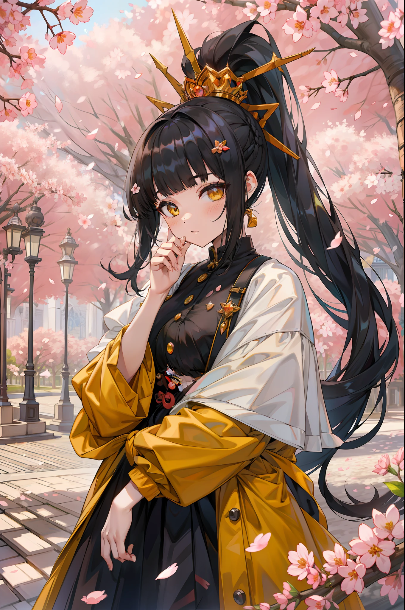 torino aqua, 1girl, (highlydetailed, ultra-detailed) (black hair) (ponytail:1.2) (long hair) (orange hair accessory:0.7) (amber eyes) (beautiful girl) (bangs) (princess hairstyle)pale, in the cherry blossom park