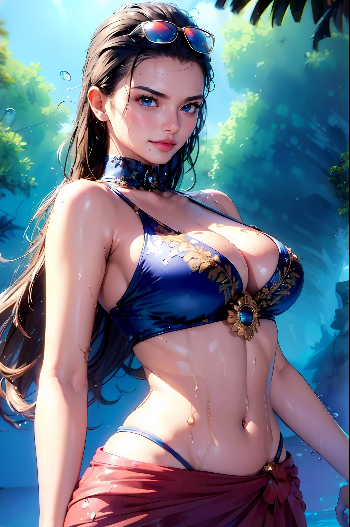 1girl (masterpiece:1.2) (detailed:1.2) (best quality:1.1) (shiny hair) (shiny skin), NicoRobinV2, cinematic lighting, (wet skin, wet hair, ocean:1.2), bikini, ocean, (beach, palm trees), beach, clear water,(blue sky, cumulonimbus),(island),(hibiscus),smile, sunglasses, blue eyes, one piece, Nico Robin,