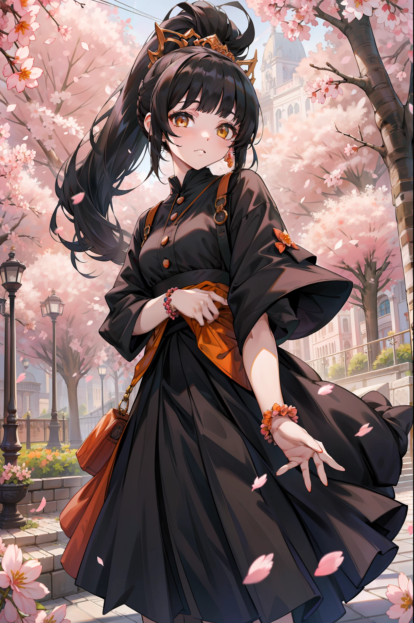 torino aqua, 1girl, (highlydetailed, ultra-detailed) (black hair) (ponytail:1.2) (long hair) (orange hair accessory:0.7) (amber eyes) (beautiful girl) (bangs) (princess hairstyle)pale, in the cherry blossom park