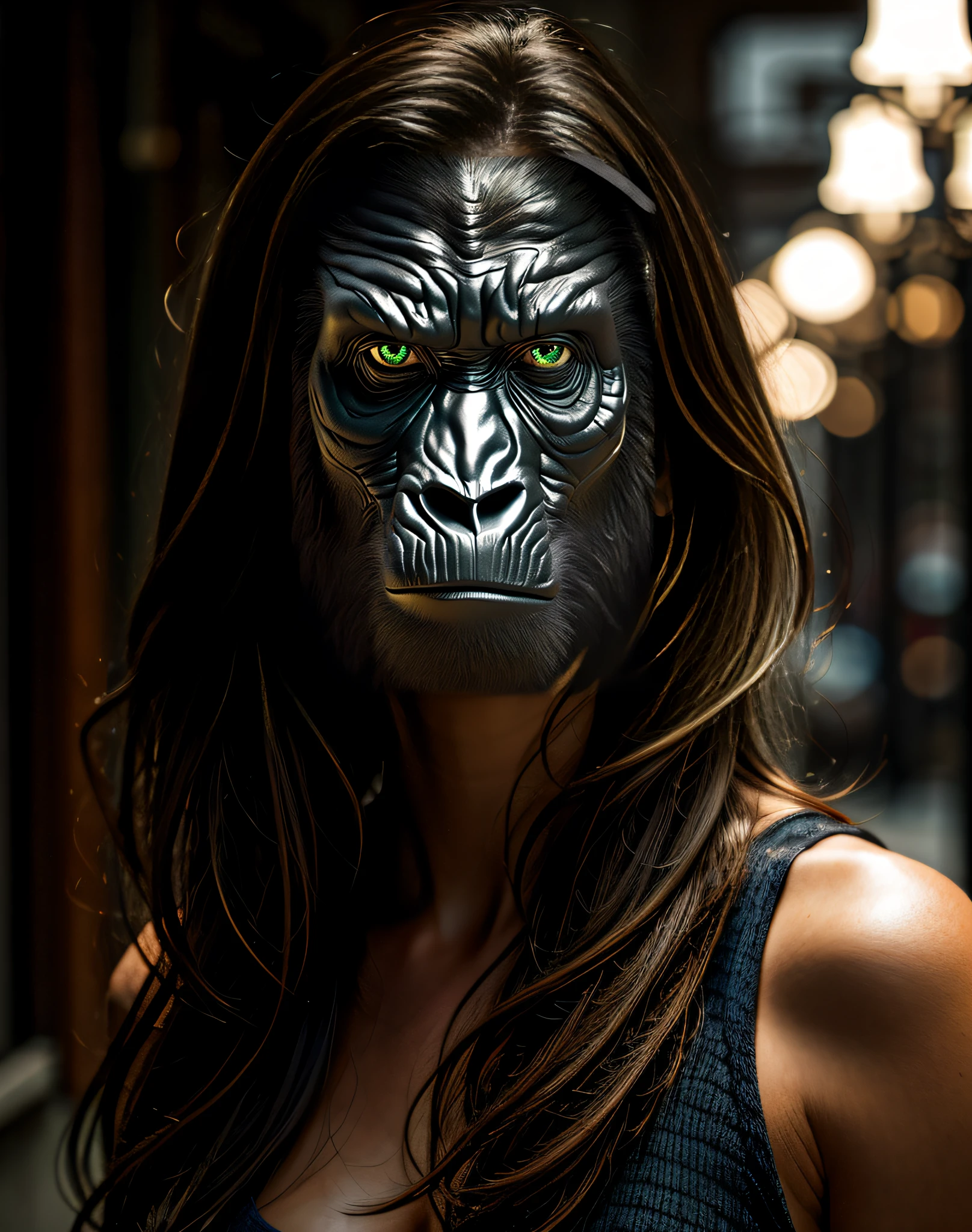 (masterpiece, best quality, beautiful art:1.4), black and silver gorilla face, perfect green eyes, highly detailed, dramatic lighting, 8k