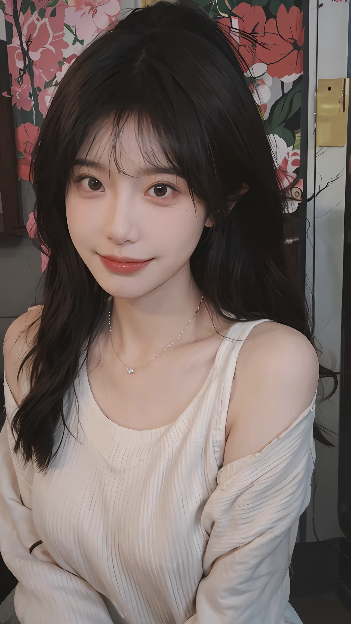 best qualtiy, 超高分辨率, (realisticlying:1.4),cute hairpin,Baoyu Girl,1girll, Beautiful woman with a slim figure:1.4, Abs:1.8, A brown-haired, mideum breasts:1.3, Long pink sweater:1.1, 浴室,Ultra-fine face,Elaborate Eyes,二重まぶた,ssmile,choker necklace