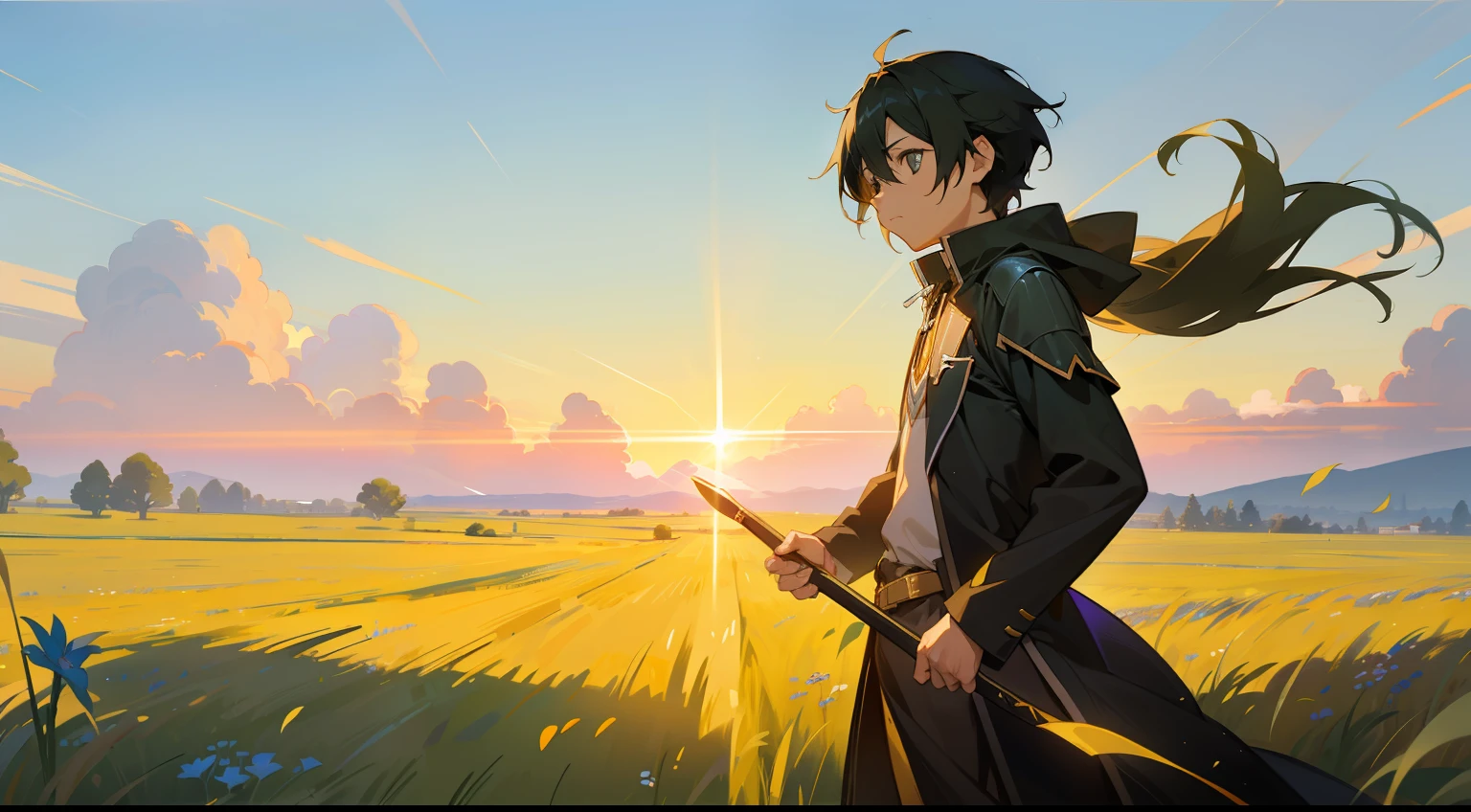 Kirito wandering through a field
In this digital illustration, the renowned artist Jane Doe brings Kirito to life, strolling through a vibrant, sun-kissed meadow. The scene showcases a vast expanse of wildflowers, swaying gently in the breeze. The color temperature is warm and inviting, with golden rays of sunlight casting long shadows. Kirito's expression exudes tranquility and a sense of wonder as he takes in the beauty of nature. The lighting emphasizes the play of light and shadow on his face and attire, adding depth and realism to the scene. The overall atmosphere evokes a peaceful and serene ambiance, inviting viewers to immerse themselves in this picturesque moment. --v 5 --stylize 1000