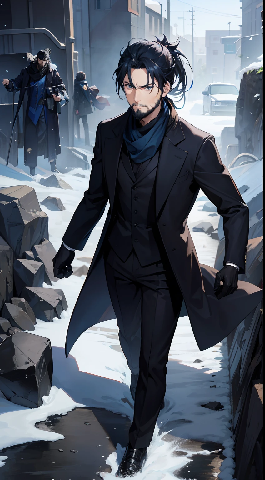anime, man, long blue scarf, black suit, black overcoat, short ponytail, tiny beard, black gloves