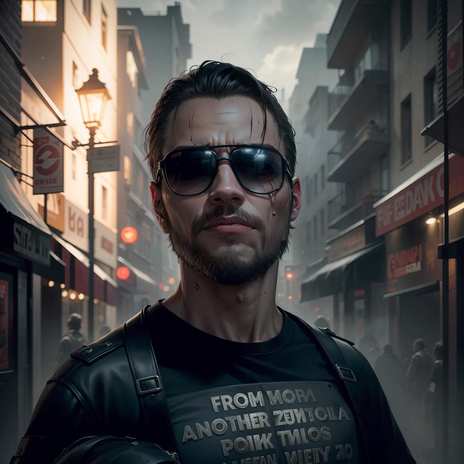 character Leon resident evil, with black leather coat, ripped jeans, walking armed, with black hair scattered and wet, ((full body)),((perfect face)), dark place in city center of raccon city of night destroyed with zombies in the background, Social realism, Realism, ray tracing, reflection light, high quality, high details, super detail, 8k, 16k, best quality
