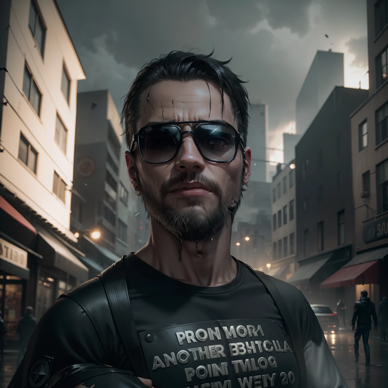 character Leon resident evil, with black leather coat, ripped jeans, walking armed, with black hair scattered and wet, ((full body)),((perfect face)), dark place in city center of raccon city of night destroyed with zombies in the background, Social realism, Realism, ray tracing, reflection light, high quality, high details, super detail, 8k, 16k, best quality