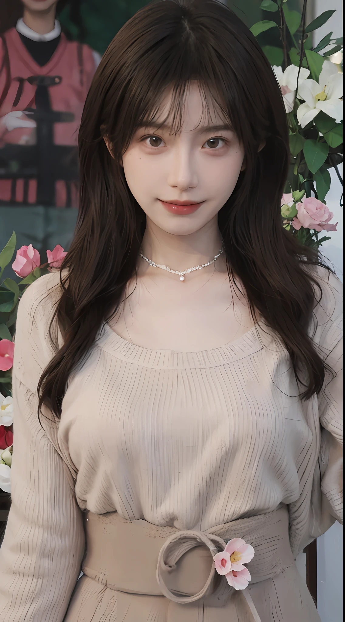 best qualtiy, 超高分辨率, (realisticlying:1.4),cute hairpin,Baoyu Girl,1girll, Beautiful woman with a slim figure:1.4, Abs:1.1, (A brown-haired, mideum breasts:1.3), Long pink sweater:1.1, Flower shop,Ultra-fine face,Elaborate Eyes,二重まぶた,ssmile,choker necklace