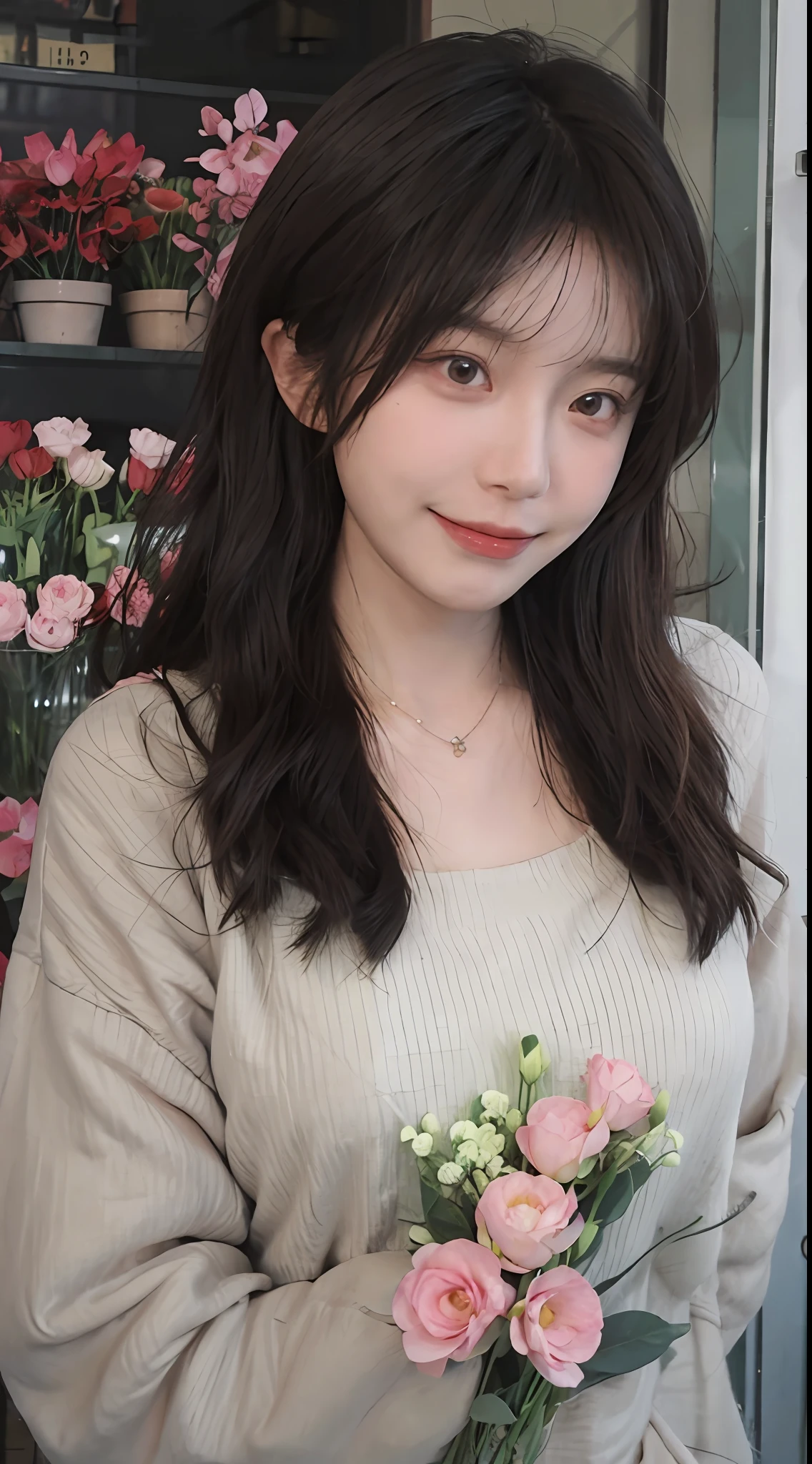best qualtiy, 超高分辨率, (realisticlying:1.4),cute hairpin,Baoyu Girl,1girll, Beautiful woman with a slim figure:1.4, Abs:1.1, (A brown-haired, mideum breasts:1.3), Long pink sweater:1.1, Flower shop,Ultra-fine face,Elaborate Eyes,二重まぶた,ssmile,choker necklace