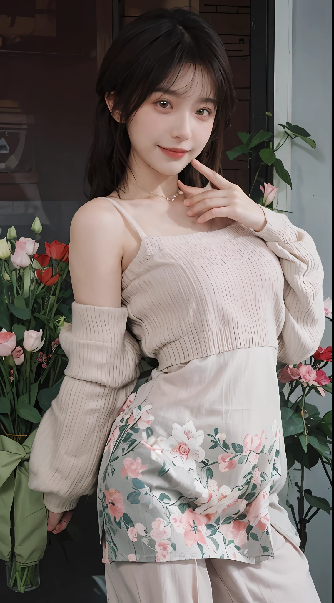 best qualtiy， 超高分辨率， （realisticlying：1.4），cute hairpin，Baoyu Girl，1girll, Beautiful woman with a slim figure:1.4, Abs:1.1, (A brown-haired, mideum breasts:1.3), Long pink sweater:1.1, Flower shop,Ultra-fine face，Elaborate Eyes，二重まぶた，ssmile，choker necklace