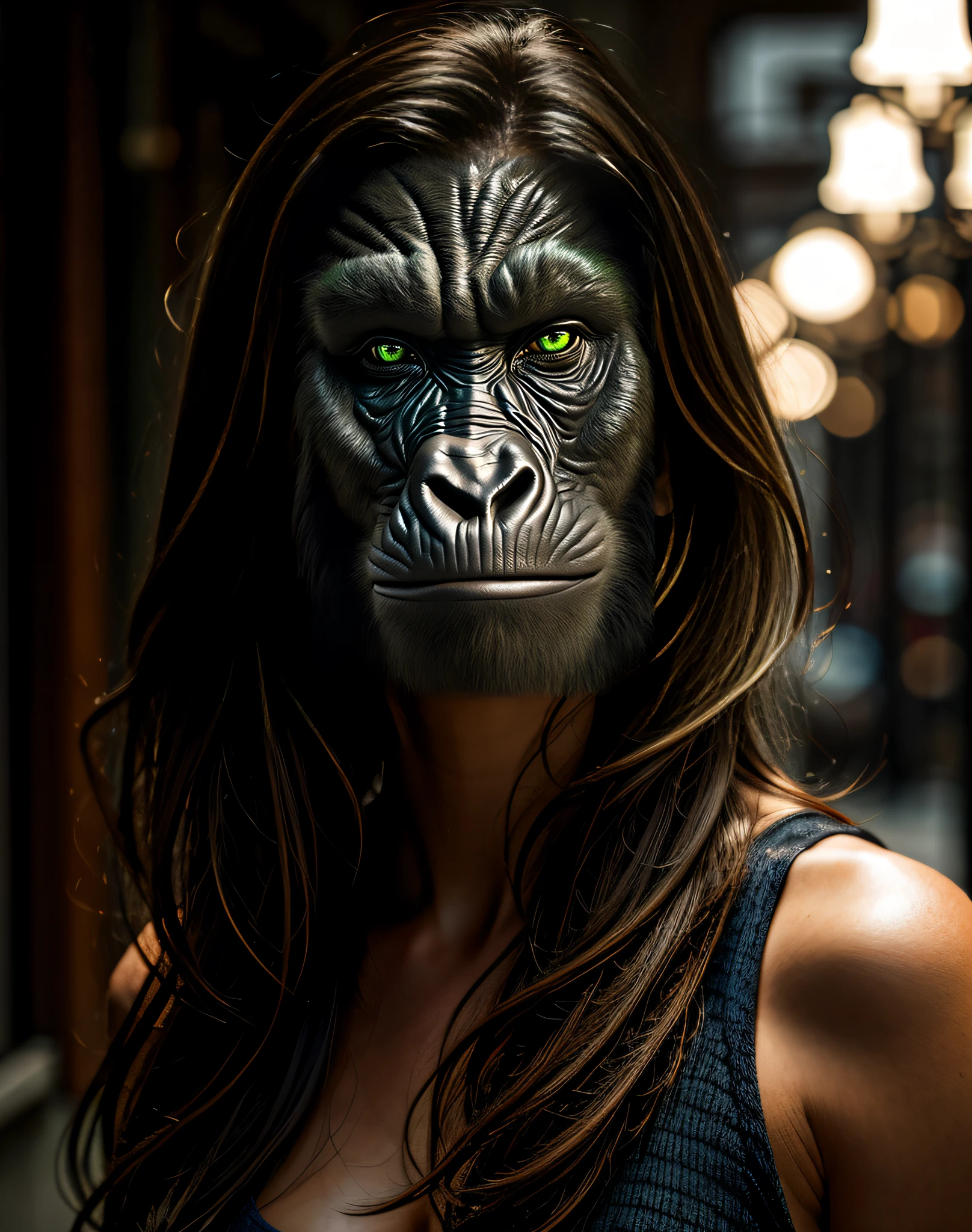 (masterpiece, best quality, beautiful art:1.4), black and silver gorilla face, perfect green eyes, highly detailed, dramatic lighting, 8k