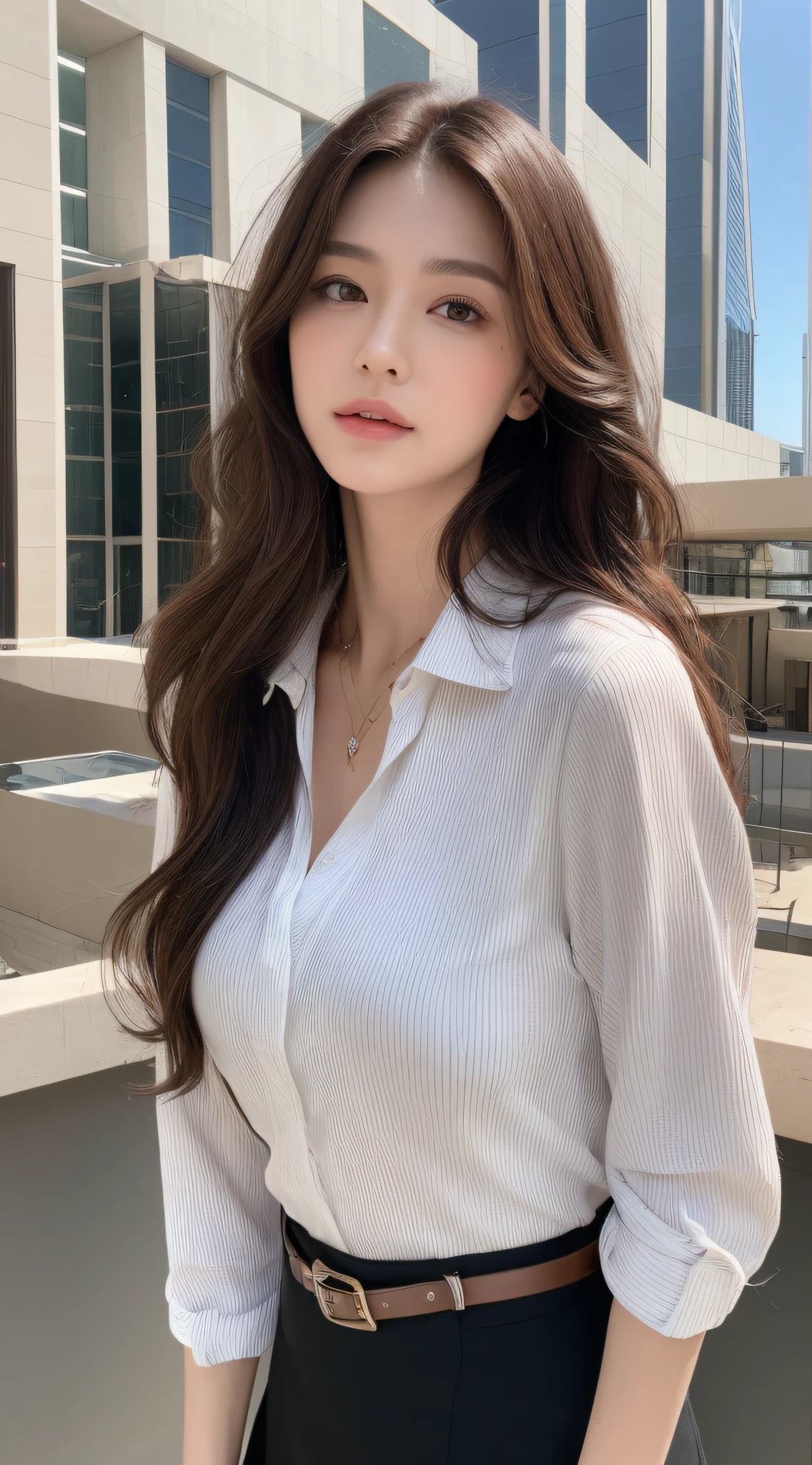 (Best quality, High resolution, Masterpiece :1.3), A tall and pretty woman, Slender abs, Dark brown hair styled in loose waves, Breasts, Wearing pendant, White button up shirt, Belt, Black skirt, (Modern architecture in background), Details exquisitely rendered in the face and skin texture, Detailed eyes, Double eyelid