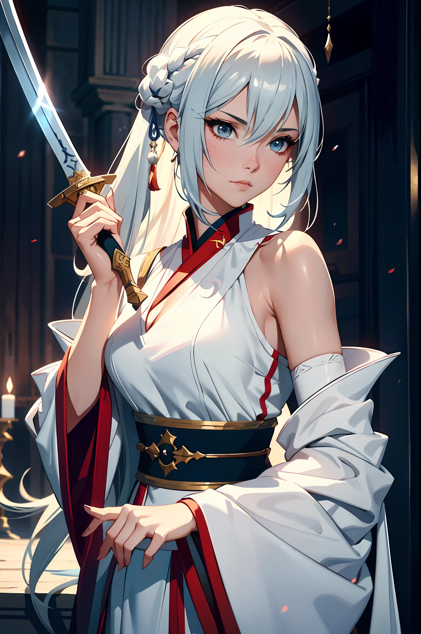 a close up of a woman with a sword in a white dress, a character portrait by Yang J, trending on cgsociety, fantasy art, beautiful character painting, artwork in the style of guweiz, guweiz, white hanfu, flowing white robes, full body wuxia, epic exquisite character art, stunning character art, beautiful female assassin