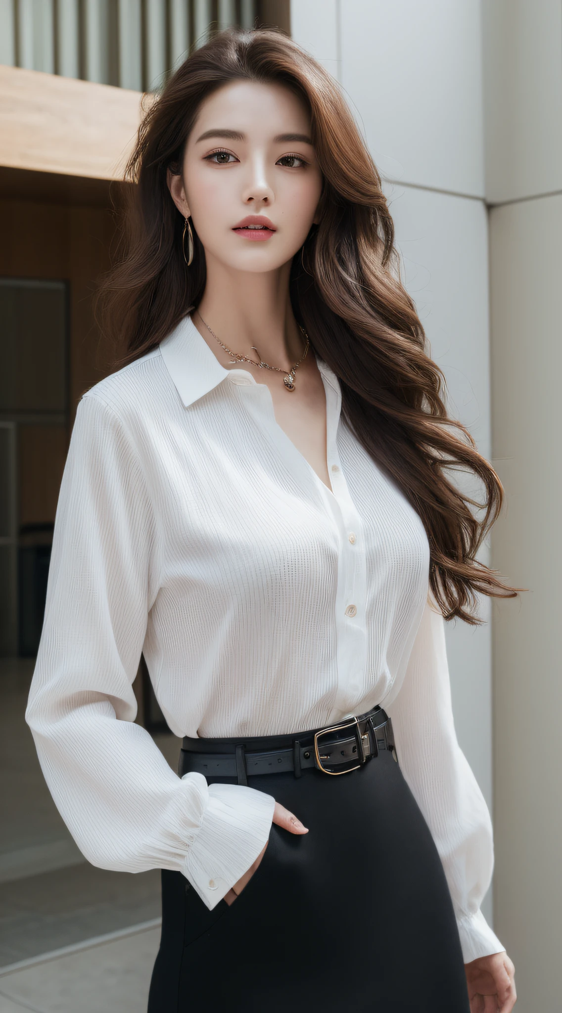 (Best quality, High resolution, Masterpiece :1.3), A tall and pretty woman, Slender abs, Dark brown hair styled in loose waves, Breasts, Wearing pendant, White button up shirt, Belt, Black skirt, (Modern architecture in background), Details exquisitely rendered in the face and skin texture, Detailed eyes, Double eyelid