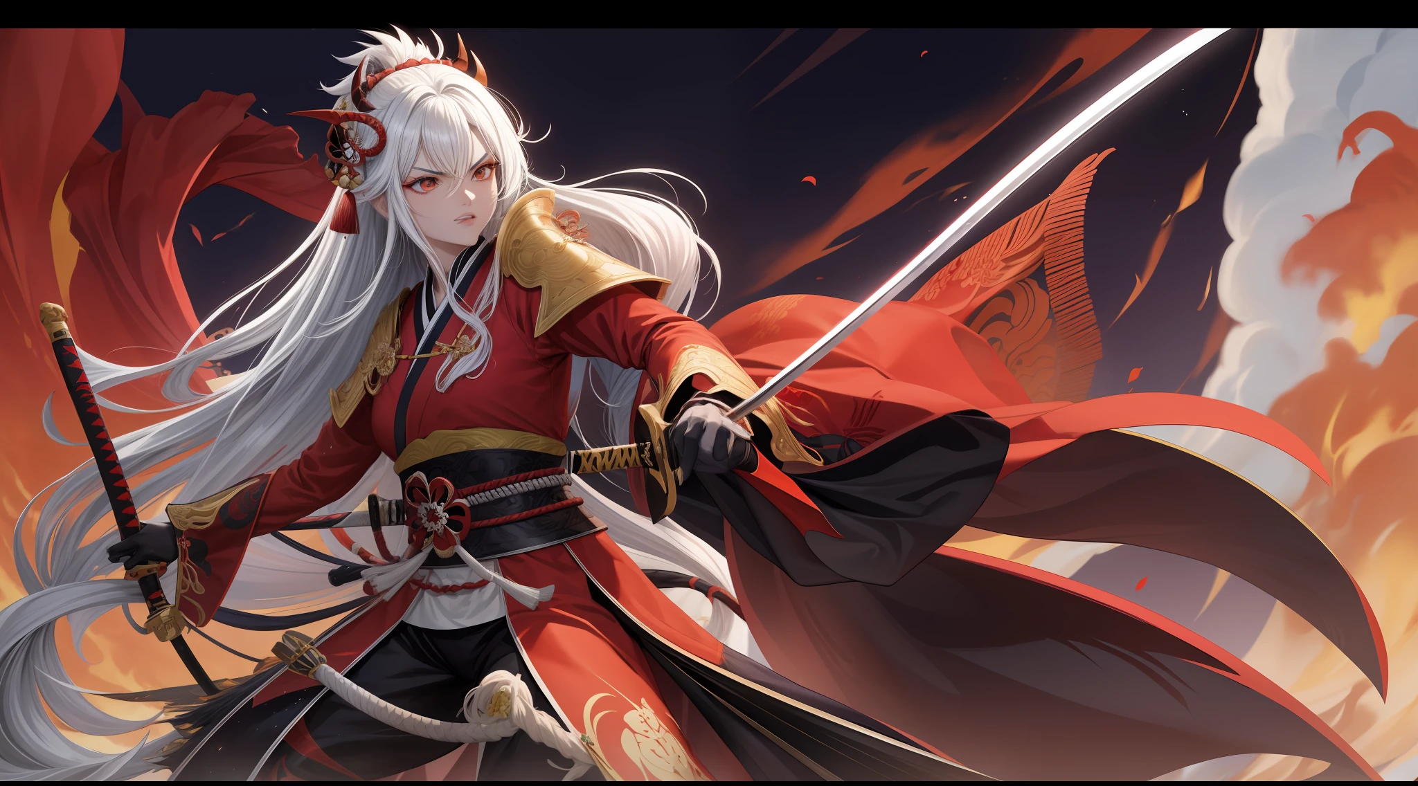 melhor qualidade, master part, ultra high-resolution, poster, 4k, arte de fantasia, dynamic lighting, Art Station, poster, Volume Lighting, Rostos muito detalhados, Papel de parede 4k, Premiada Uma Menina com Espada, Corda de cabelo vermelho, Katana, Segurando uma Grande Espada, Demon Samurai, roupas pretas, cabelo voando, Faixa Vermelha, Qi Espada Vermelha, Dramatic Katana Wielding Pose, (Ultra: 1.4), Fundo da arquitetura chinesa antiga, Uma Rodada de Lua Vermelha,