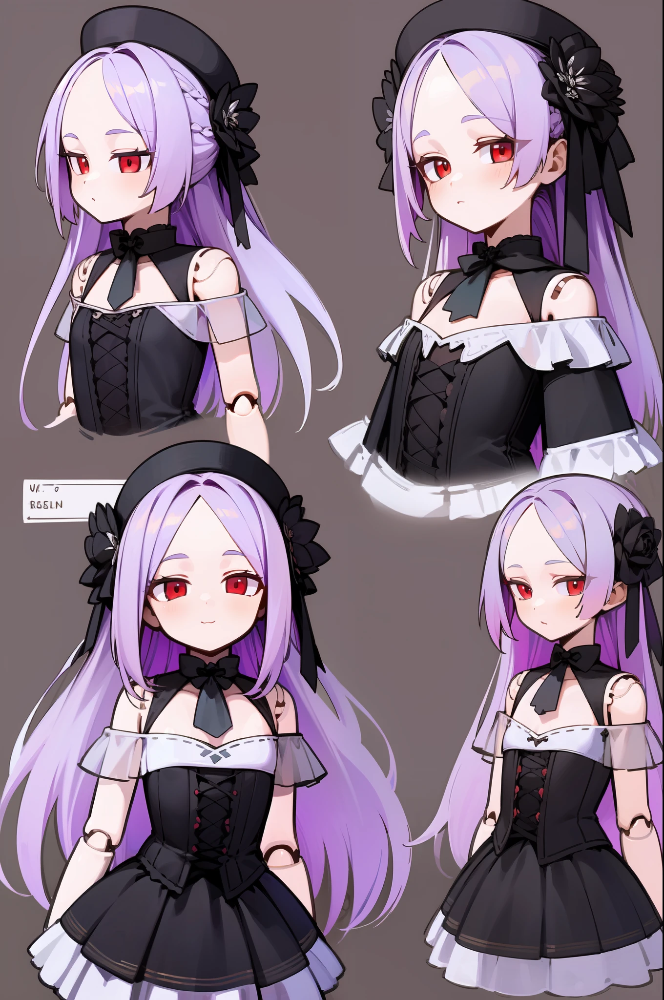 Masterpiece: 1.6, best quality: 1.4, live image: 1.2, intricate details: 1.2, ++, 1girl, solo, light purple hair, long hair, french braid, single sidelock, forehead, red eyes, multicolored eyes, small breasts, flat chest, ****, victorian dress, embellished dress, black dress, corset, neckwear, off-shoulder dress, frills, doll, doll joints, ++, ((character reference sheet, same character in different poses, character turnaround, multiple views)), (transparent background, gray background:1.2), arms behind back, upper body, portrait, cold, neutral