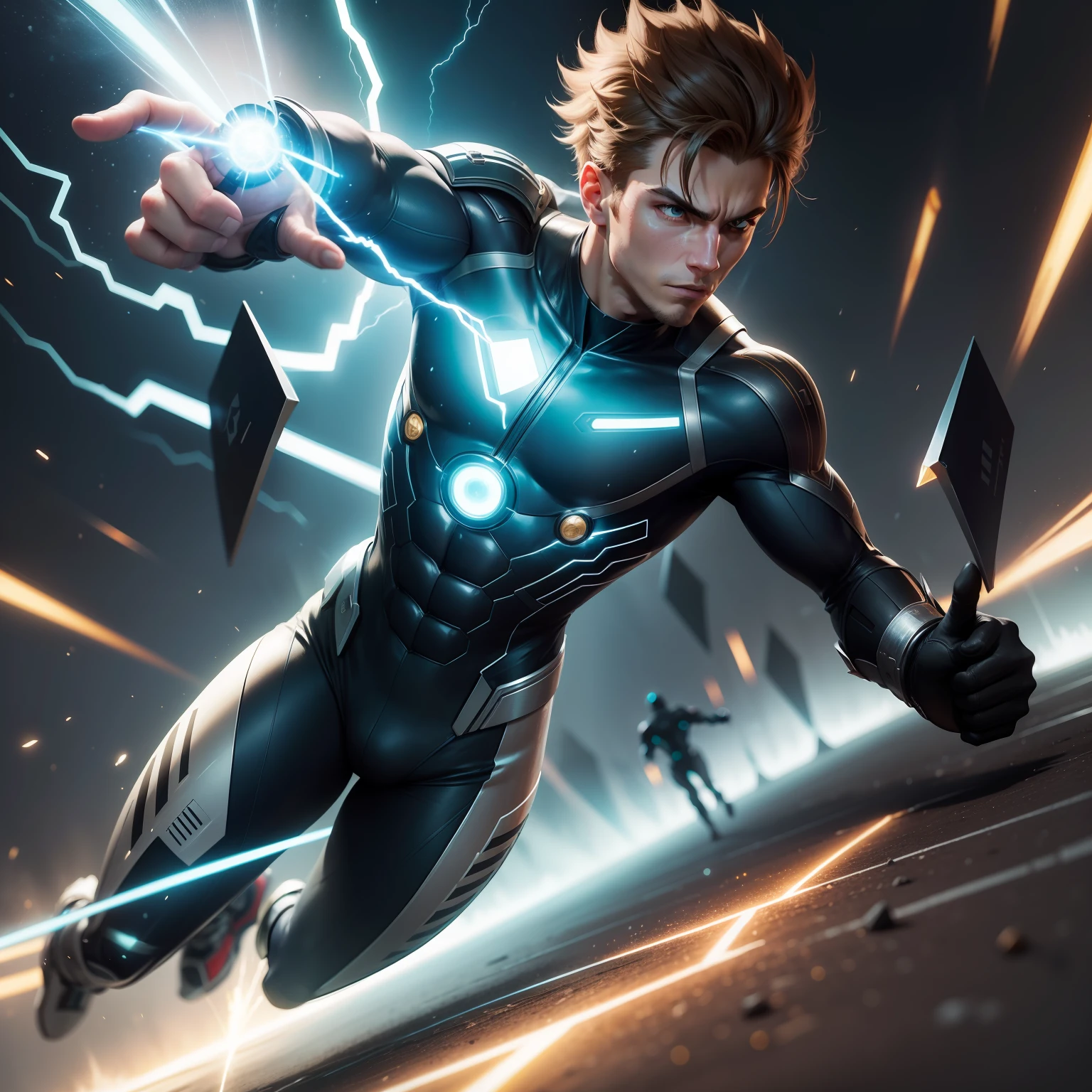 Max Lightningstrike is a young adventurer with extraordinary powers. His speed is second to none, allowing you to run at supersonic speeds. Quando acelera, His body emits a trail of electrical sparks that accompanies it, giving it an impressive and mysterious appearance.

Poderes:

Super Velocidade: Max is able to run at incredible speeds, exceeding the speed of sound and even time travel in times of great need.
Controle de Raios: Beyond your speed, It also has the ability to generate and manipulate electrical rays. It can launch powerful energy beams, electrocute opponents or even create electric fields to defend yourself.
Personalidade:
Max is an audacious young man, destemido e impetuoso. He loves challenges and is always willing to face dangers to protect others. His charismatic personality and sense of justice make him a natural leader, inspirando os outros a segui-lo em suas aventuras.