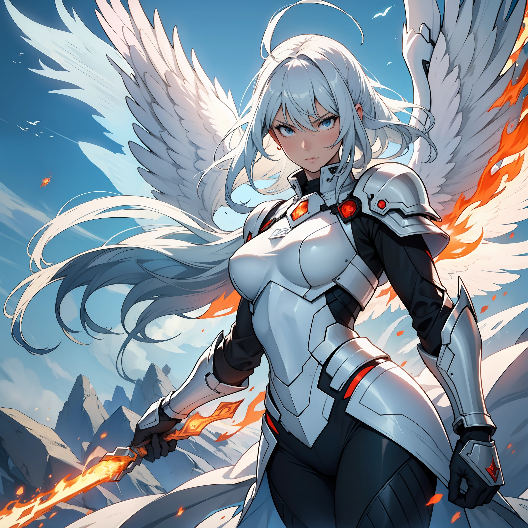 a floating woman type full armor with nobody using it, white wings, fire power, fire aura