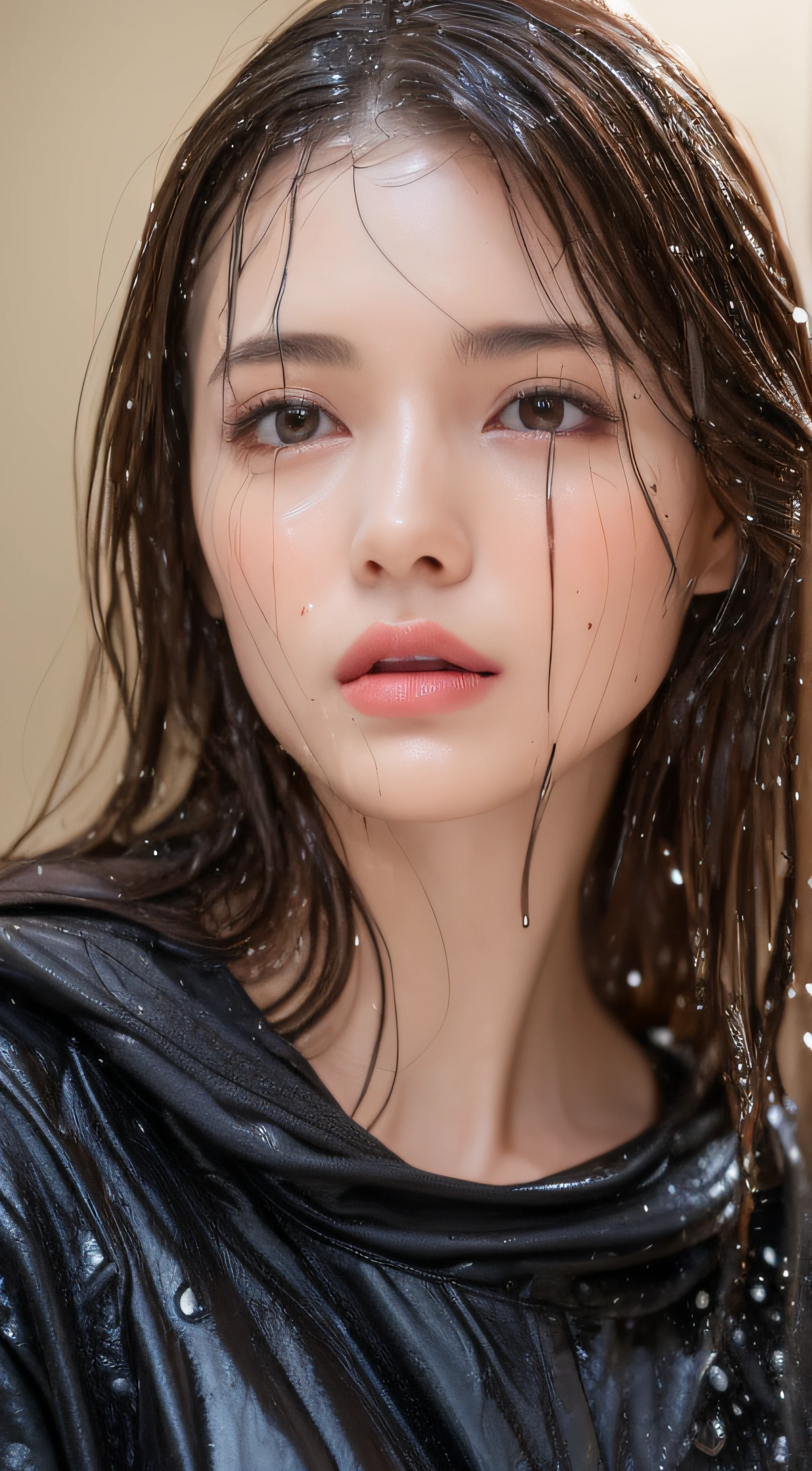 Beautiful handsome woman, ((top quality, 8k, masterpiece:1.3)), pretty woman, 1 woman, huge breasts:1.3, slender figure:1.1, elastic dark brown hair, (shower, wet body, wet clothes:1.1), very detailed face, detailed lips, detailed eyes, double eyelids