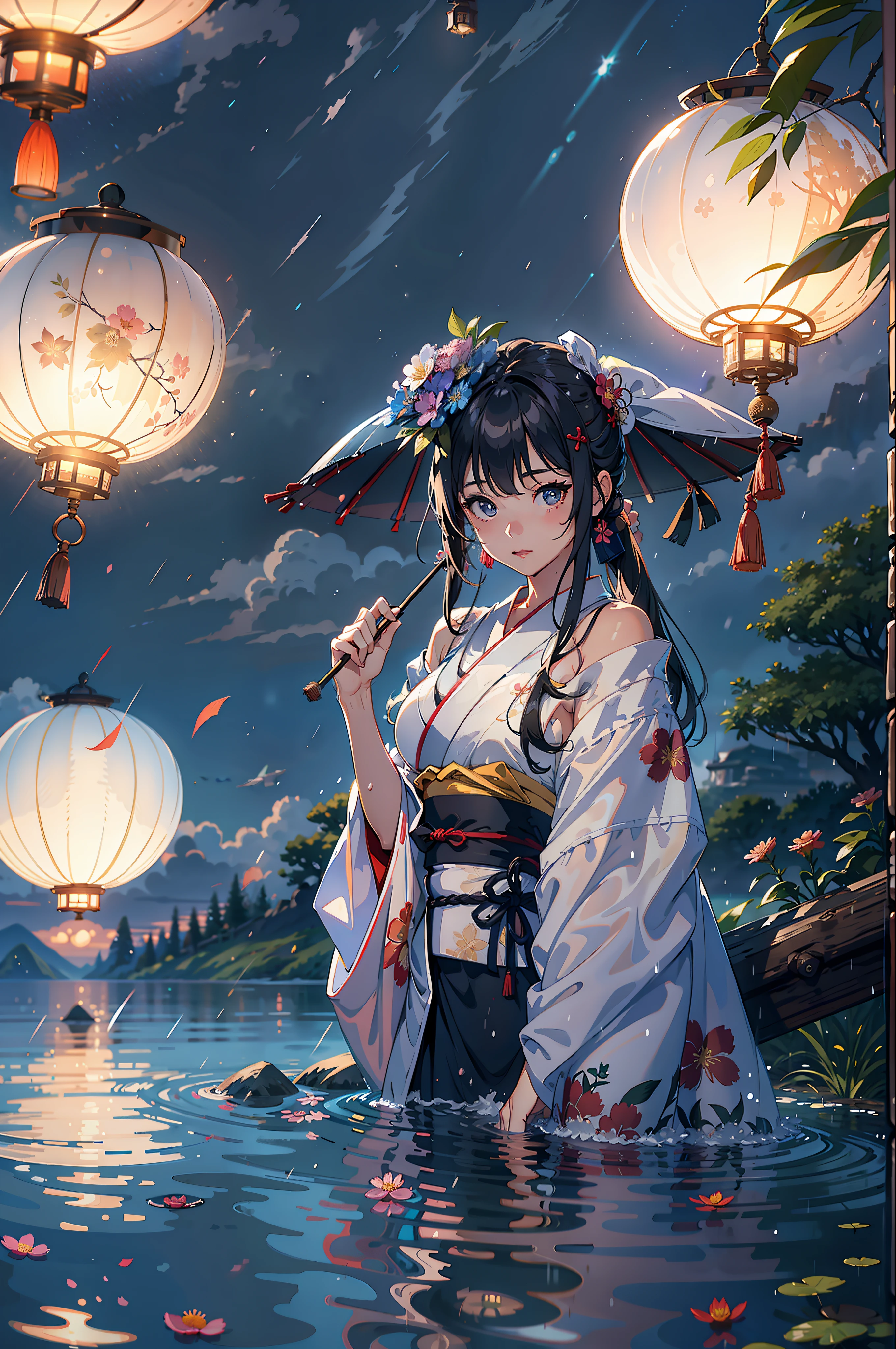 1girl, breasts, moon, lantern, night, solo, large breasts, hair ornament, wet, kimono, japanese clothes, wading, water, hair flower, flower, outdoors, sky, full moon, rain, black hair, off shoulder, mountain, cloud, holding, sash, bare shoulders, paper lantern, standing, white kimono, night sky, sideboob, obi, wet clothes, bangs, tree, from side, reflection, short hair, cloudy sky, wet hair (((masterpiece),(extremely detailed CG unity 8k wallpaper),best quality,,solo,1girl,cinematic lighting,detailed background,beautiful detailed eyes,bright pupils, (an extremely delicate and beautiful),(Beautiful and detailed eye description)， ultra-detailed,masterpiece,)),