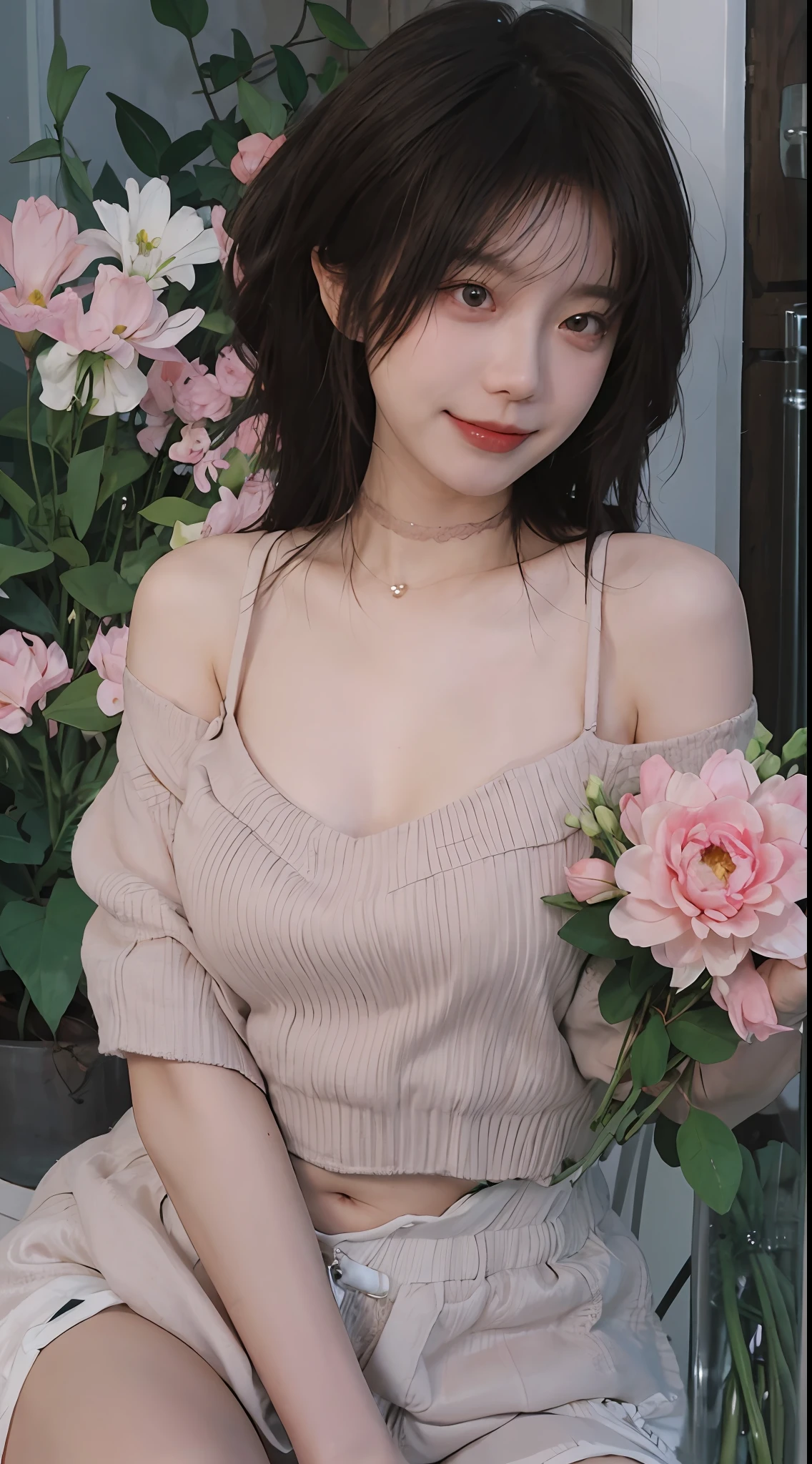 best qualtiy, 超高分辨率, (realisticlying:1.4),cute hairpin,Baoyu Girl,1girll, Beautiful woman with a slim figure:1.4, Abs:1.1, (A brown-haired, mideum breasts:1.3), Cropped pink sweater:1.1, Flower shop,Ultra-fine face,Elaborate Eyes,二重まぶた,ssmile,choker necklace