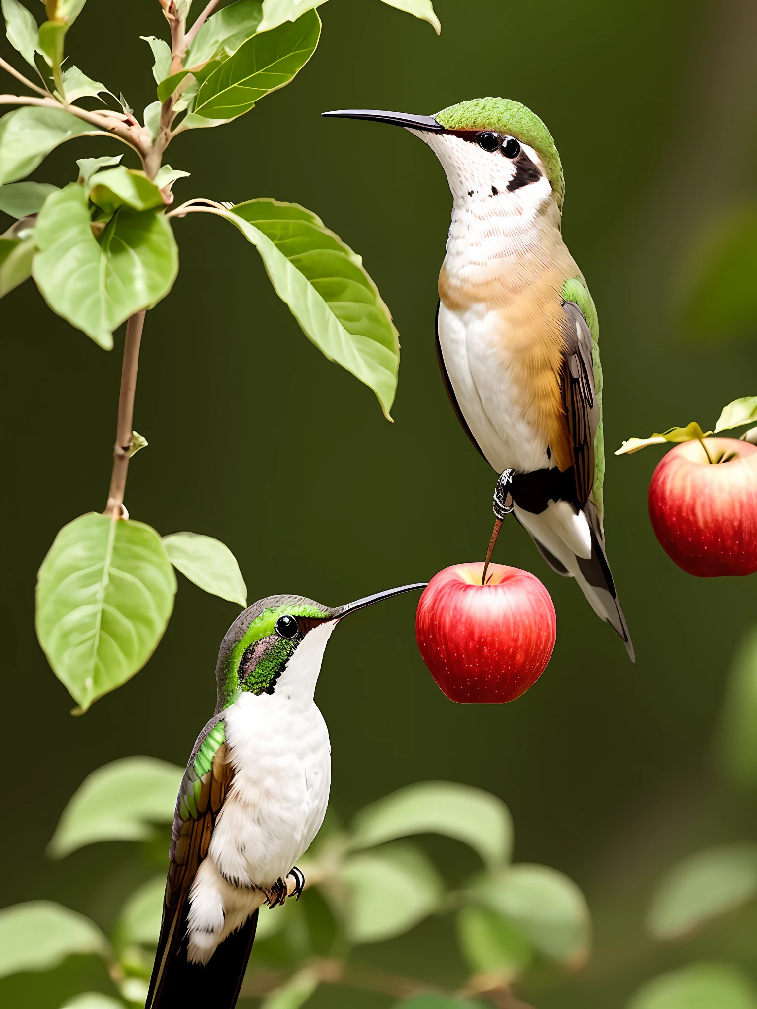 Create an image with a bitten apple is a hummingbird on the side