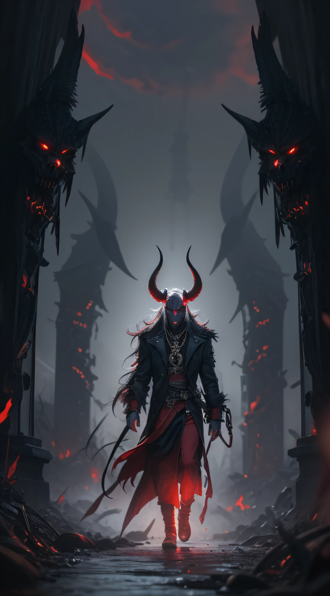 Messenger of hell,a man with red horns,and black wings,and long hair,walking towards the viewer,extremely detailed,cinematic,moonlight,wearing a necklace,glowing eyes