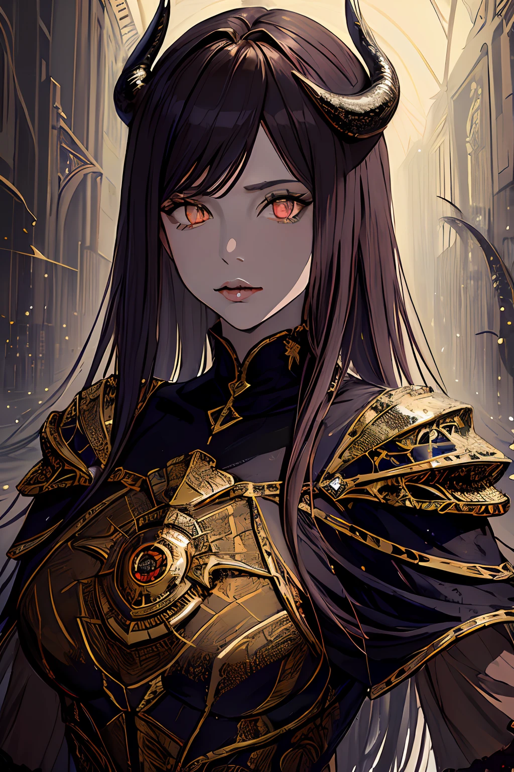 (masterpiece, top quality, best quality, official art, beautiful and aesthetic:1.2), cateyes,1girl, solo, (Stunning Eyes), armour, magic, light particles, upper body, extreme detailed, highest detailed, optical mixing, playful patterns, lively texture, unique visual effect, ((dark fantasy)), (darker colours:1.3), Ominous energy, eldritch Horror, ((Intricate Details)), (crimson colours)