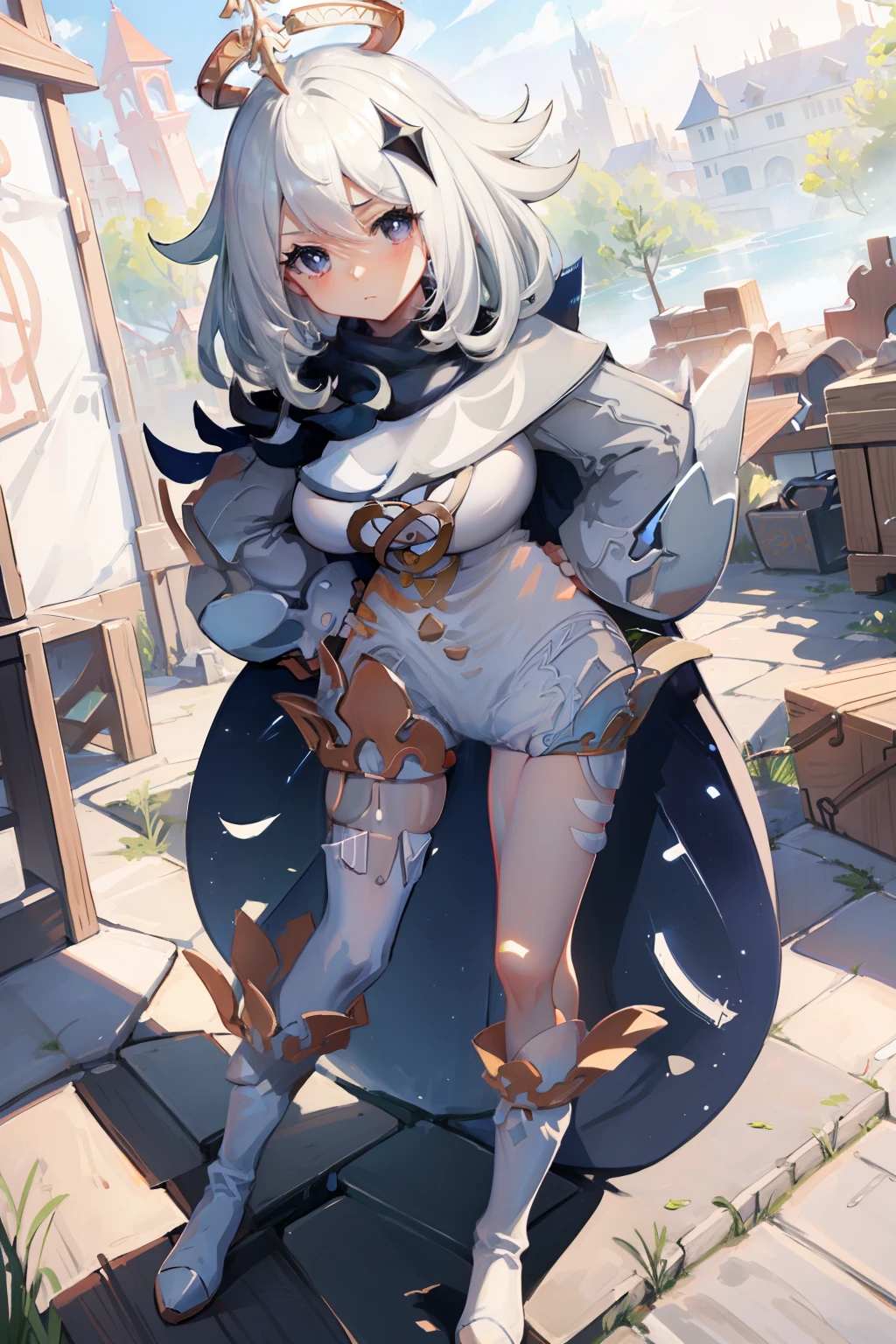 (masterpiece),best quality, expressive eyes, perfect face, 1girl,
big breast, H-cup, good breast, beautiful, gorgeous,anime,girl,lora, hands on waist, hands on hips,1girl, solo, thighhighs, paimon (genshin impact), long sleeves, white dress, dress, halo, thighhighs under boots, single thighhigh, bangs, boots, hair between eyes, white footwear, white thighhighs, white hair