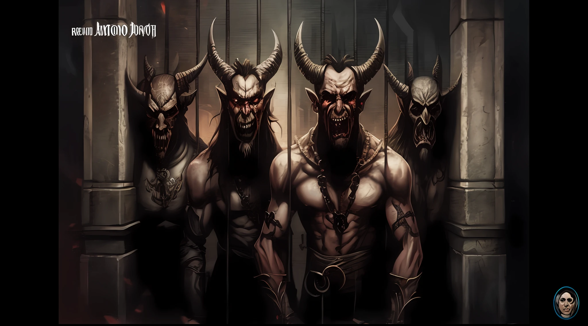 Three horned men stand in front of a gate with a chain around their necks, demons of hell, Retrato de daemons, medieval demons, just art for dark metal music, conjure demons, chifres pretos, demon horns, adorned with demon skulls, Diabo 4, Porta para o inferno, mais rostos, com chifres, chifres vermelhos, estilo Gerald Brom, metal album cover art