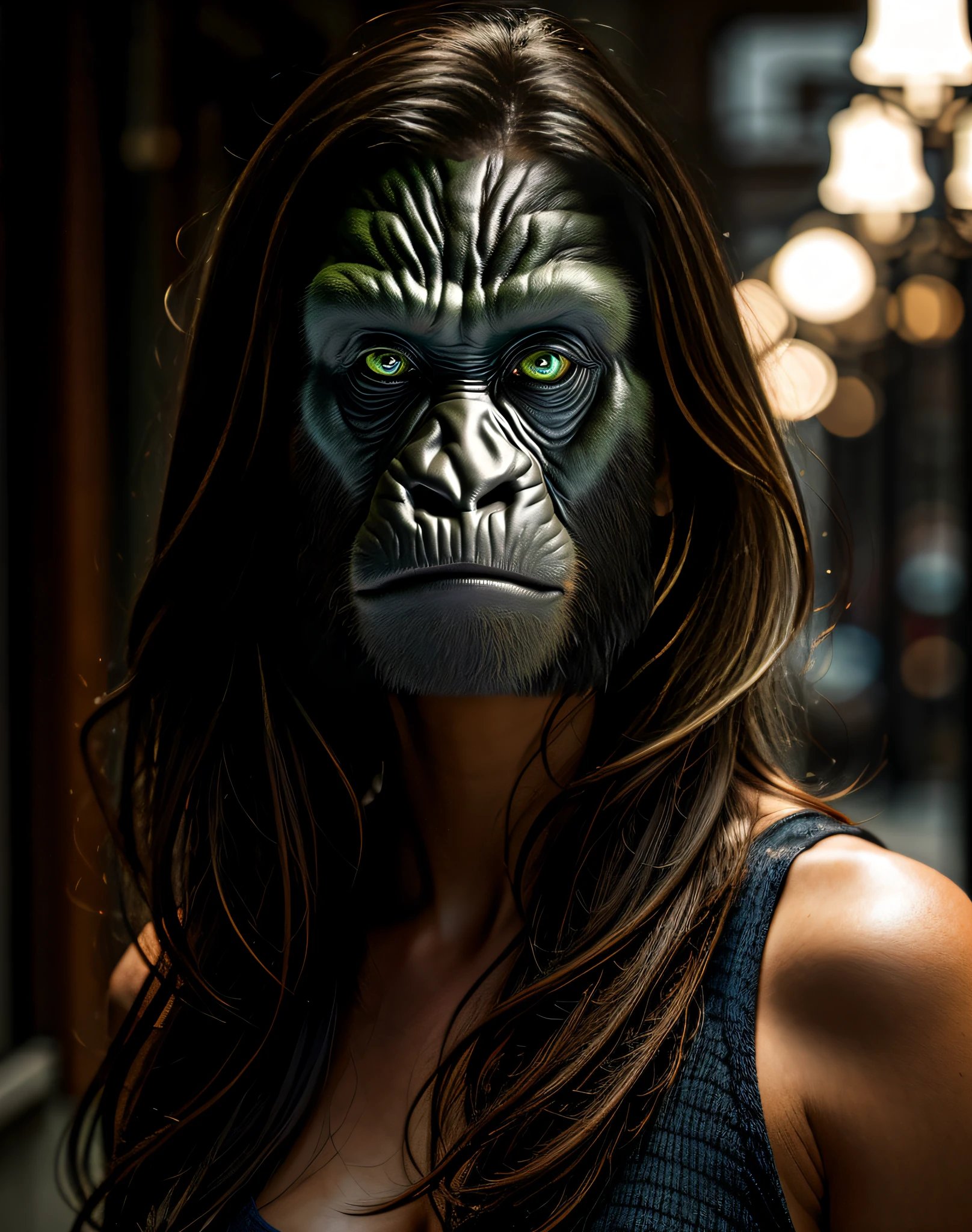 (masterpiece, best quality, beautiful art:1.4), black and silver gorilla face, perfect green eyes, highly detailed, dramatic lighting, 8k