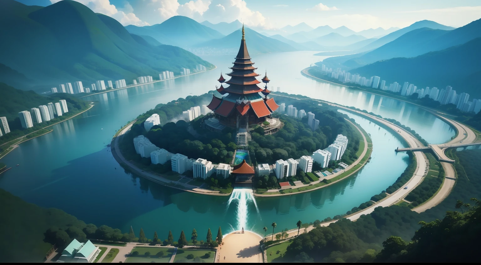 Uma foto de uma natureza exuberante, com um rio correndo ao fundo. Shambhala is a mythical city