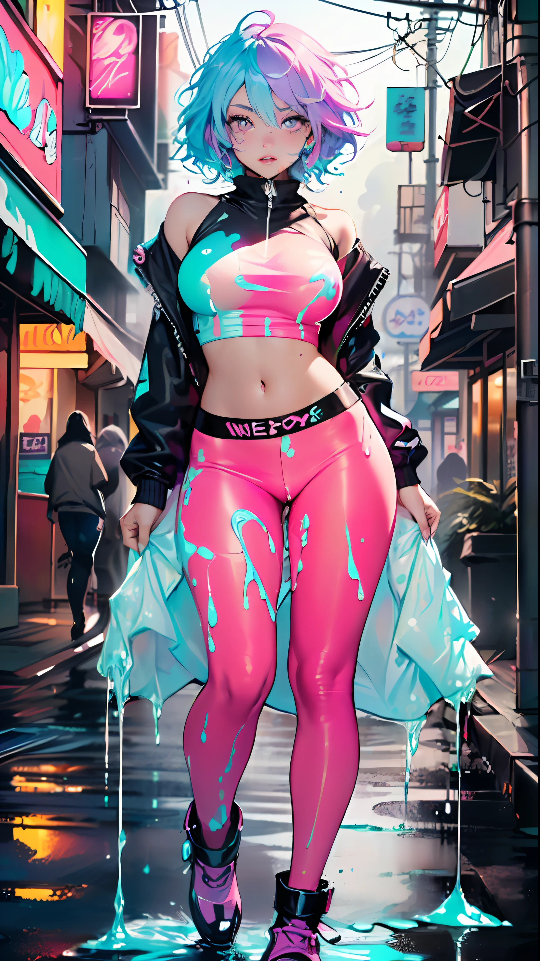 cute cartoon girl,(((1girl))),((extremely cute and beautiful liquid paint hair haired anime girl walking down the street)),
(large breasts:1.4),saggy breasts,short hair,(((liquid paint hair:1.1,neon purple hair|neon pink hair|neon blue hair|neon aqua hair|purple hair|fuchsia hair|fluorescent blue hair|amethyst hair|neon hair|bright pink hair :1.5,bright hair: 1.3,hair made of paint and defies gravity,thick flowing,paint splatter:1.3,shiny hair: 1.3,vibrant colored hair))),((heterochromia,eye1 purple,eye2 pink,upturned eyes:1.3,perfect eyes,beautiful detailed eyes,rainbow glows ultra-detailed deep pink purple eyes:1.1,gradient eyes:1,finely detailed beautiful eyes:1,symmetrical eyes:1,big highlight on eyes:1.2)),((fat)),(((lustrous skin:1.5,bright skin: 1.5,skin tanned,shiny skin,very shiny skin,shiny body,plastic glitter skin,exaggerated shiny skin))),(spider lower abdomen,narrow waist,wide hip,athletic body,inflated legs,delicate detailed fingers,detailed body,detailed arms,human hands,detailed hands),
cute,slutty,seductive,erotic,(((nsfw))),
(((liquid paint clothing,clothes made of liquid paint,neon purple clothes|neon pink clothes|neon blue clothes|neon aqua clothes|purple clothes|fuchsia clothes|fluorescent blue clothes|amethyst clothes|neon clothes|bright pink clothes :1.5))),revealing clothing,with micro clothes,(detailed outfit,detailed clothes),
(dynamic pose:1.0),solo focus,embarrassed,centered,scale to fit dimensions,Rule of thirds,
outdoors,((night view)),(cyberpunk night street Background: 1.5,dark sky,alleyway,lonely alley,thick clouds,detailed background:1.25),
(best quality),(high resolution),(sharp focus),(ultra detailed),(extremely detailed),(extremely high quality artwork),8k_wallpaper,(extremely detailed CG 8k),(very fine 8K CG),((hyper super ultra detailed perfect piece)),flawless,(((masterpiece))),illustration,vibrant colors,(intricate),High contrast,Selective lighting,Double exposure,HDR (High Dynamic Range),Post-processing,Background blu